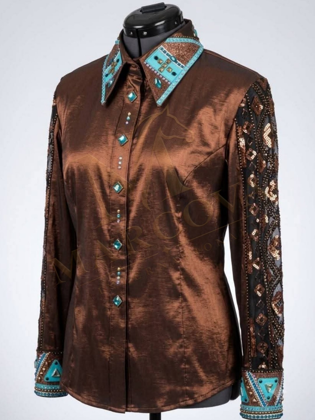 Handmade Brown Western Show Shirt, Turquoise Rhinestone Embellishments.