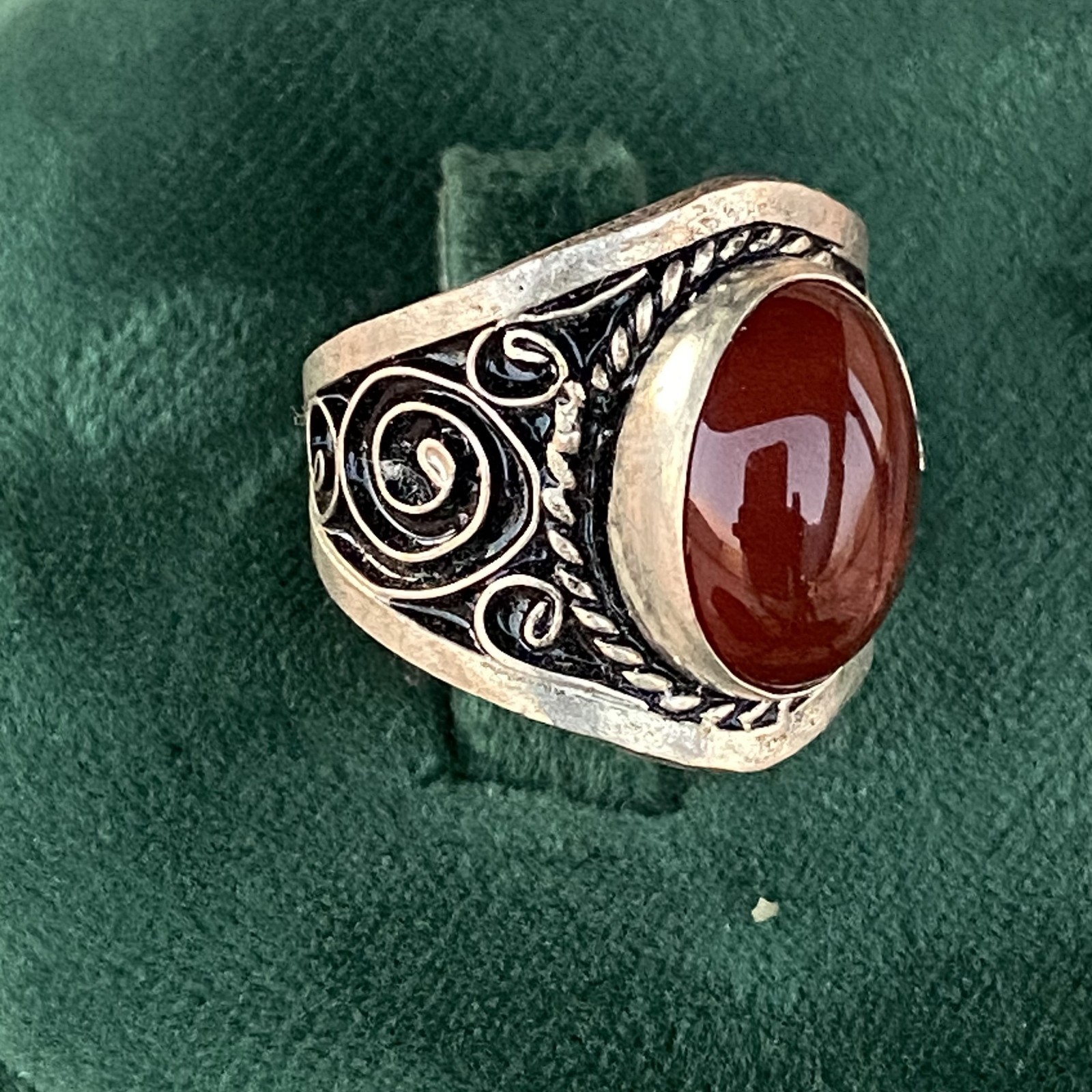 Ancient Victorian Ring Sterling Silver Engraved Red Carnelian Stone Size 8.5