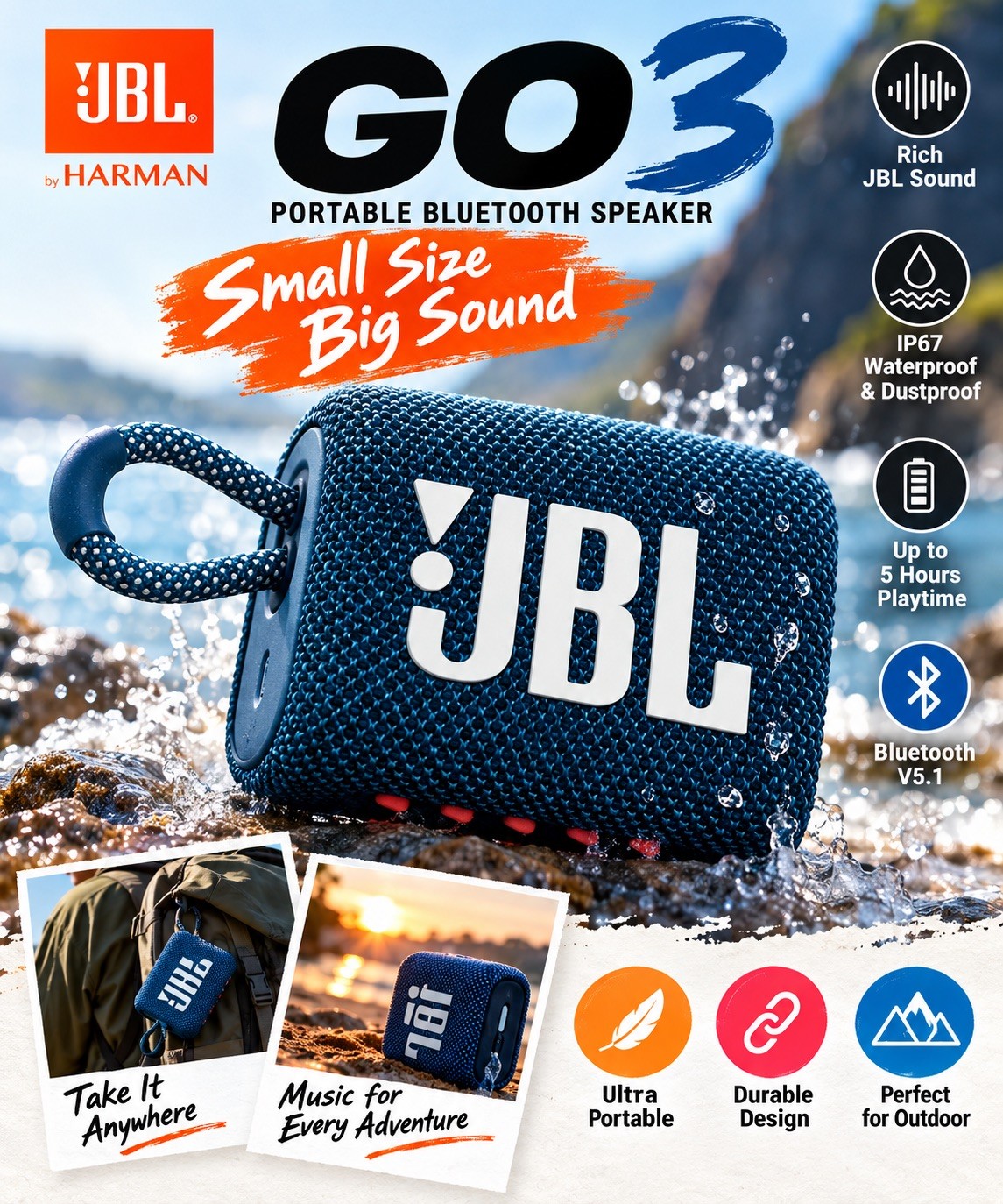 JBL GO3 Portable Bluetooth Waterproof Speaker, Black red and blue color 