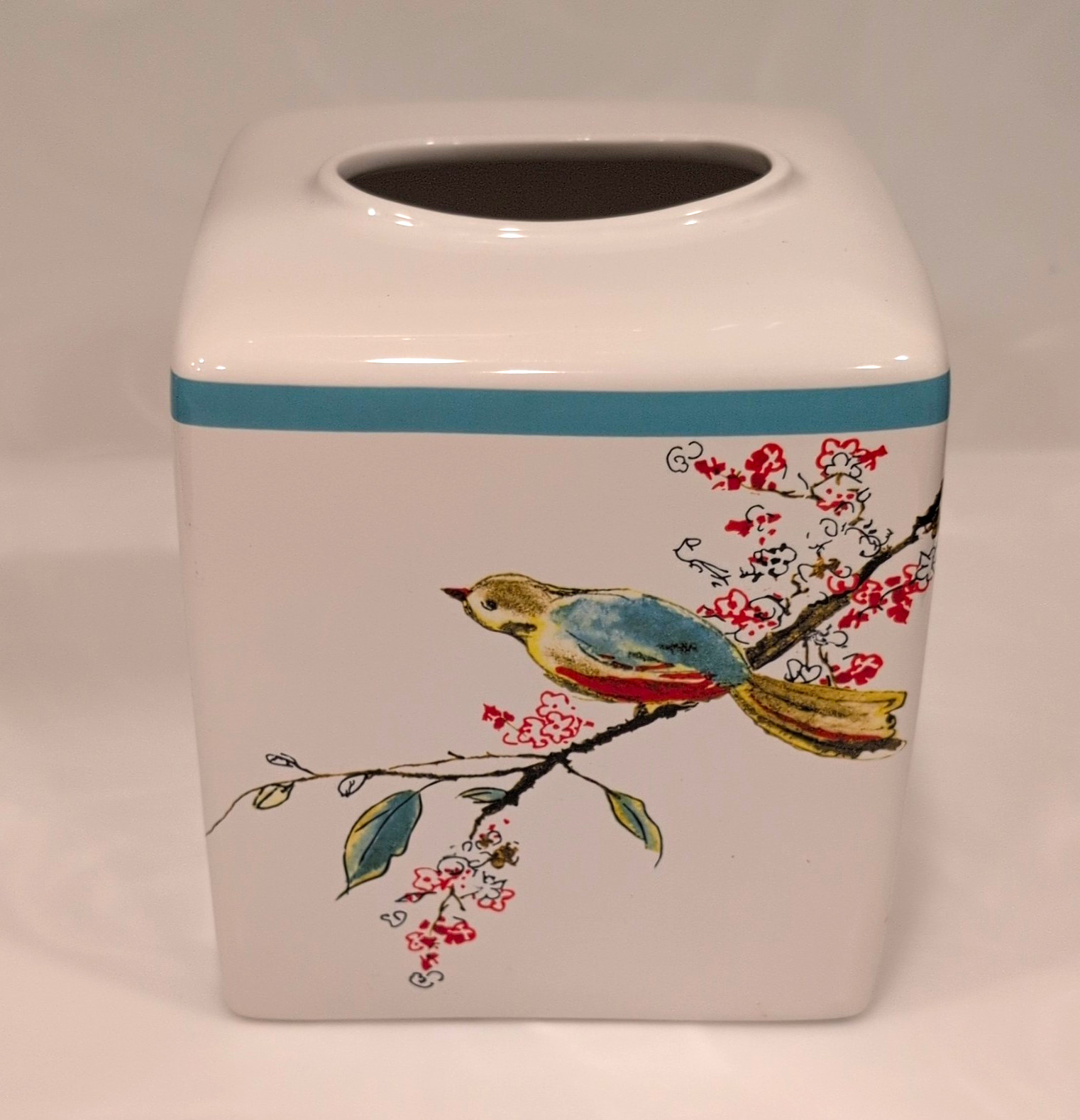 Lenox Simply Fine Chirp Tissue Box Holder Cover Fine Porcelain Ceramic Teal Bird