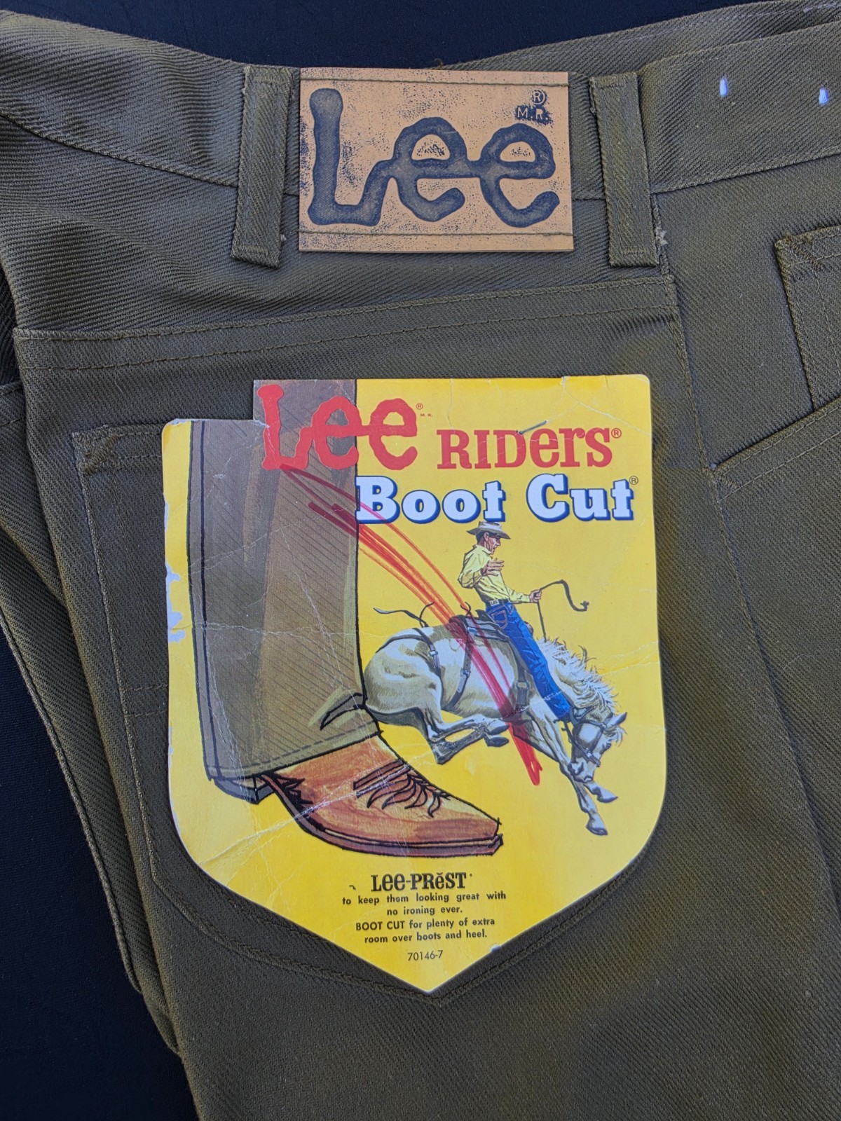 Vintage-70\'s Deadstock Lee Riders Boot Cut Olive Drab/Brown 30x36 Tall NWT Prest Vintage-70\'s Deadstock Lee Riders Boot Cut Olive Drab/Brown 30x36 Tall NWT Prest