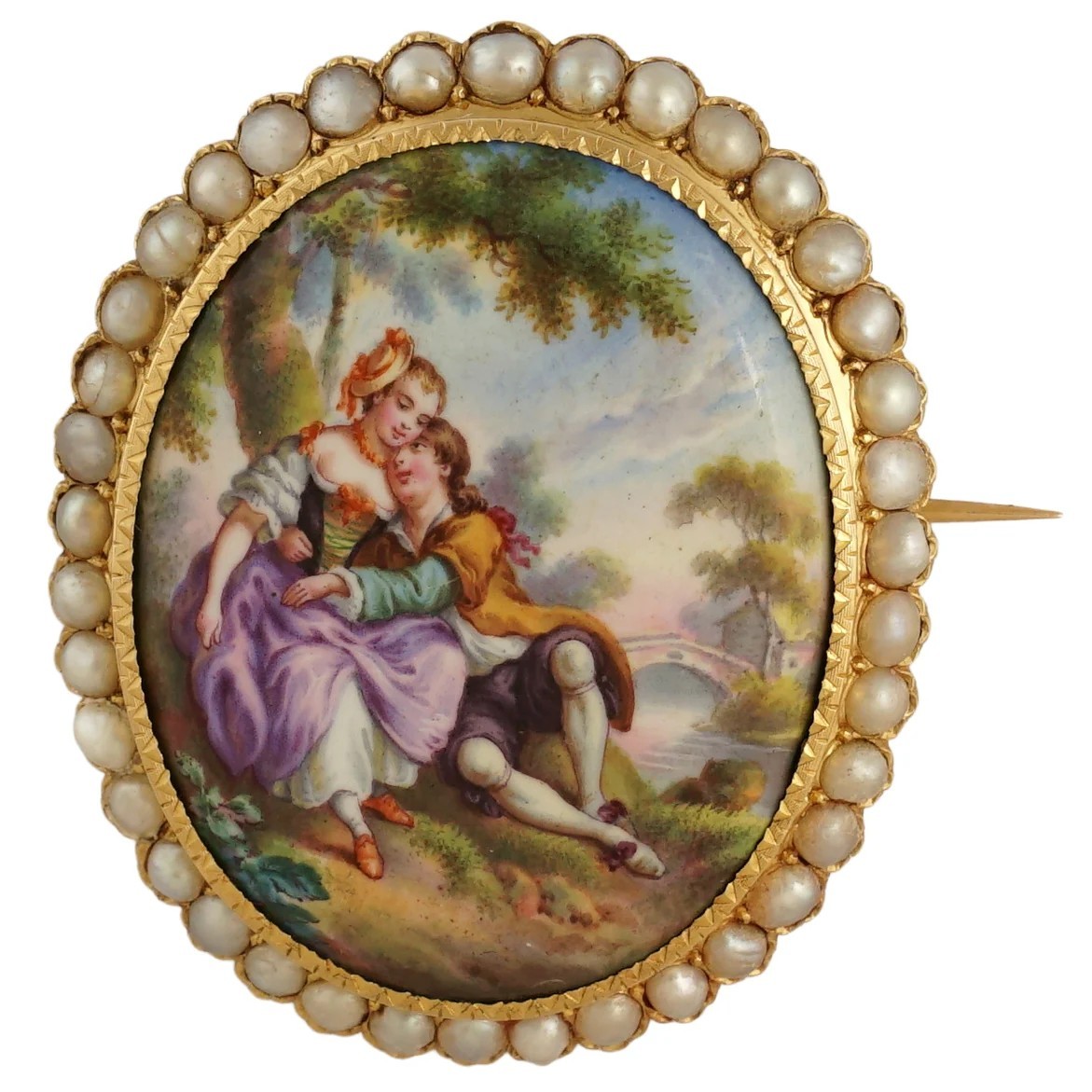 Antique Victorian 14K Yellow Gold Brooch Enamel Miniature Portrait Baroque Pearl