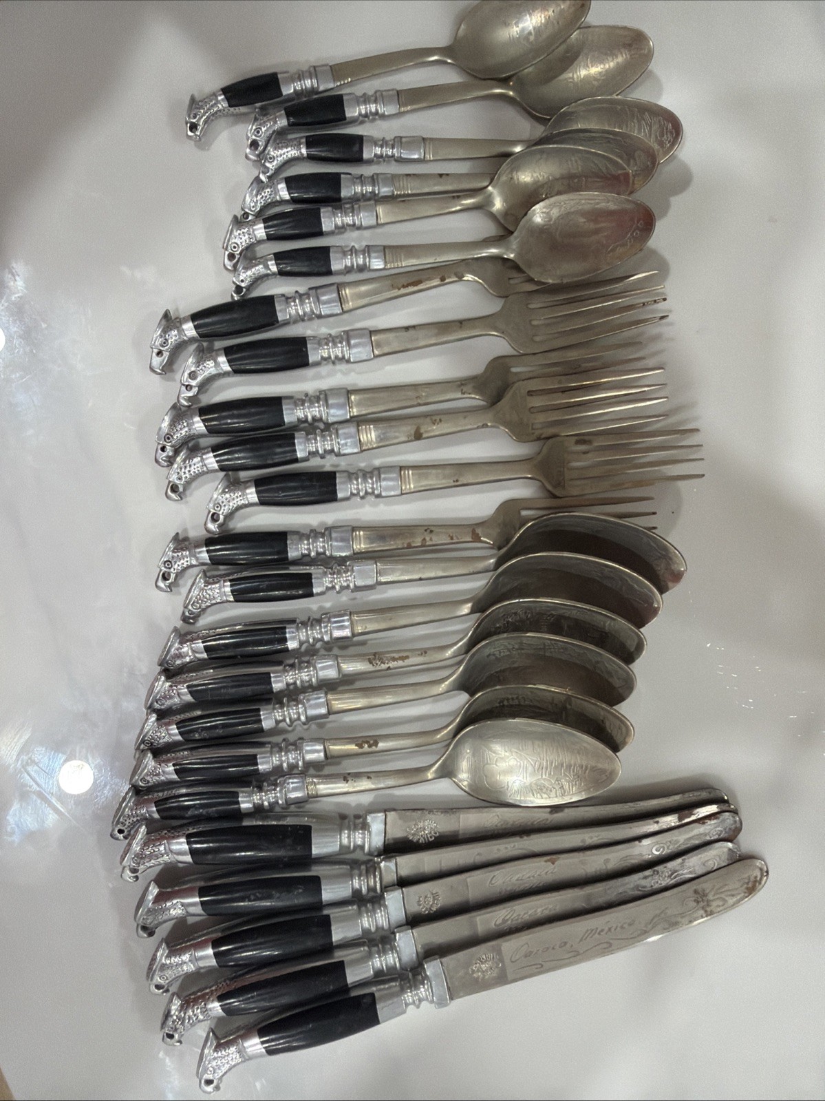 23 Pc Vintage Oaxaca Mexico Made InAlpaca Flatware Set - Eagle Head Motif As Is. 23 Pc Vintage Oaxaca Mexico Made InAlpaca Flatware Set - Eagle Head Motif As Is.