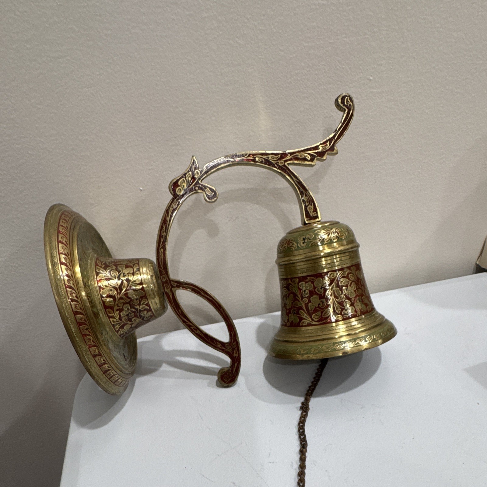 Vintage Indian Etched Brass Wall Bell Enamel Floral Entry Door Chime Pull Chain