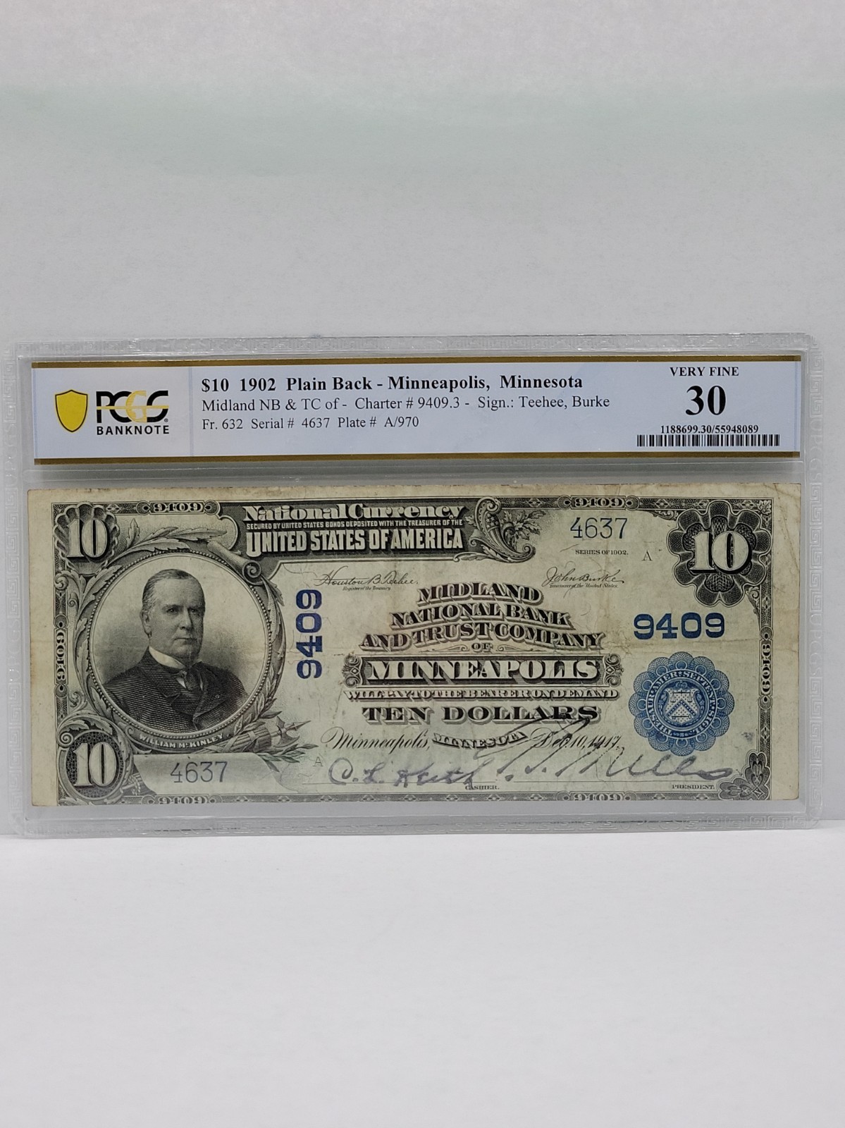 1902 $10 PLAIN BACK MINNEAPOLIS MINNEAPOLIS CHARTER# 9409 PCGS 30 VERY FINE 