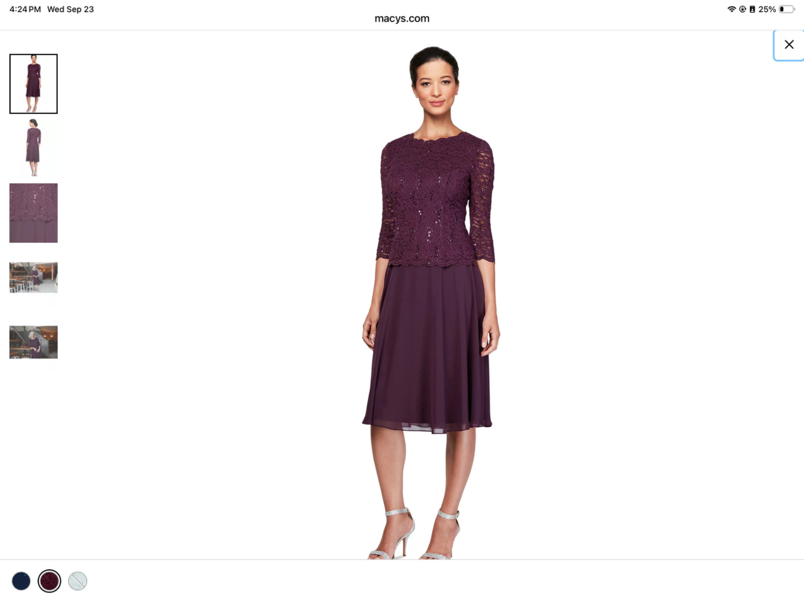 Alex Evenings New Sequined Lace Midi  Gown Dress 3/4 Sleeve Size 8