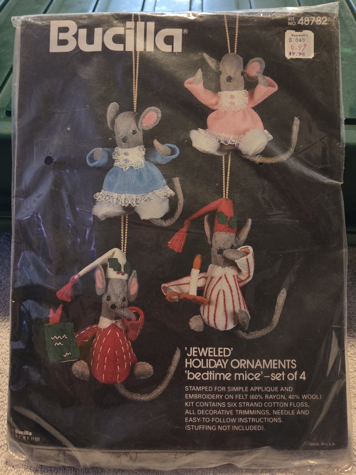 NOS Vintage Bucilla Christmas Jeweled Holiday Bedtime Mice Ornament Kit 48782 NOS Vintage Bucilla Christmas Jeweled Holiday Bedtime Mice Ornament Kit 48782