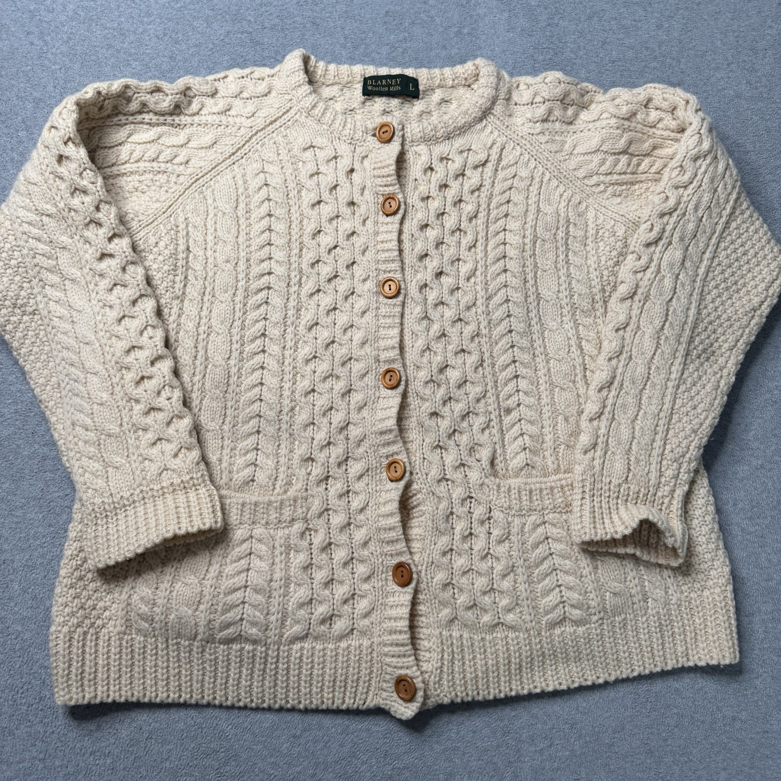 Vintage Blarney Woollen Mills Cardigan Sweater Womens Large Beige Wool Handknit Vintage Blarney Woollen Mills Cardigan Sweater Womens Large Beige Wool Handknit
