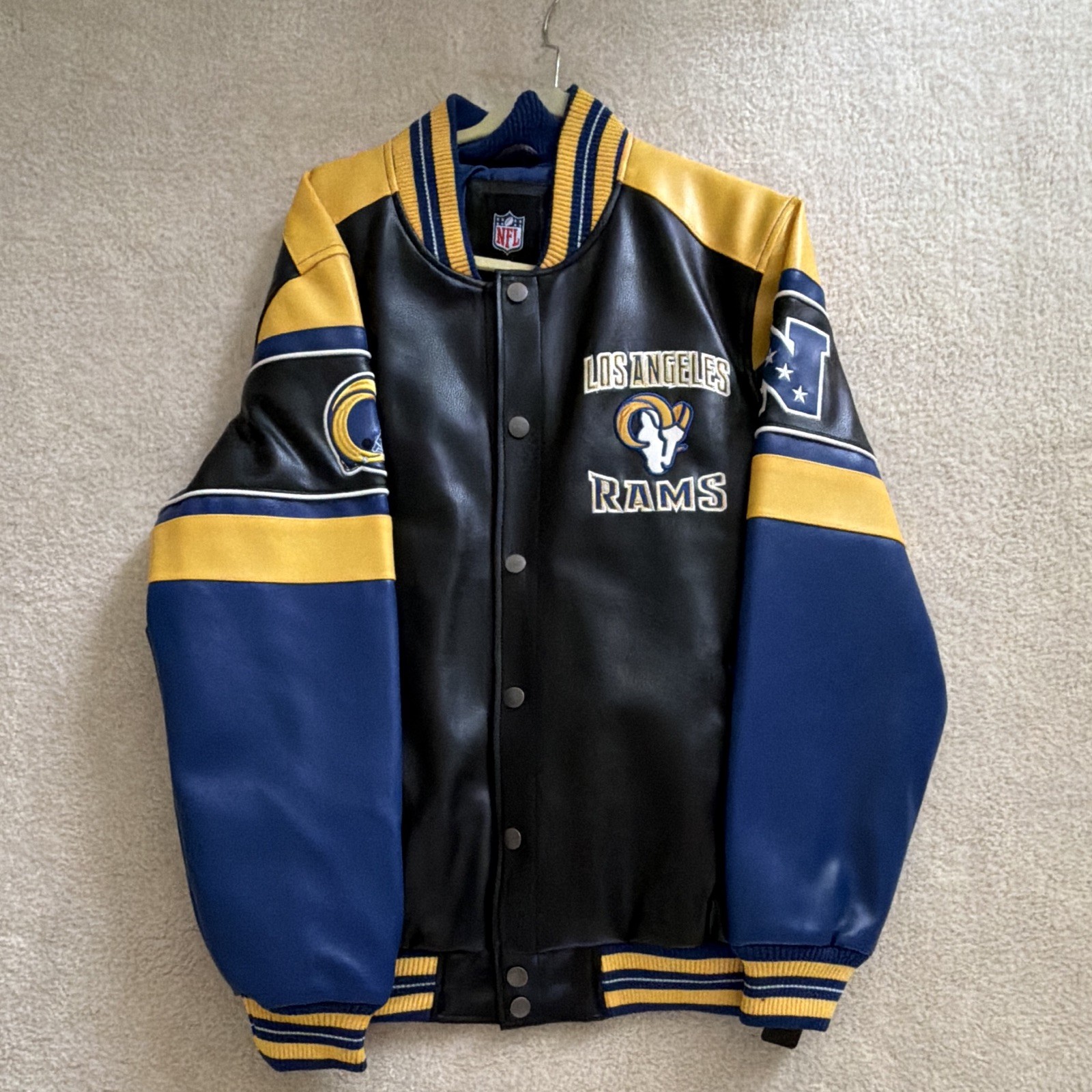 Los Angeles Rams NFL Football Vintage Varsity Jacket Snap Front Black Blue Gold