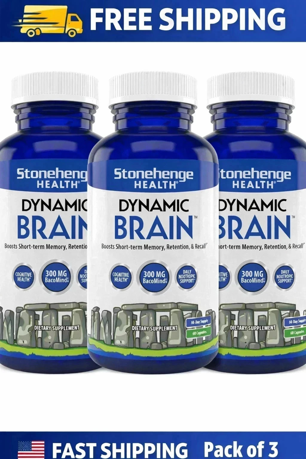 Pack of 3 Dynamic Brain Supplement 60 Capsules–Memory Focus Clarity, EXP 09/2027