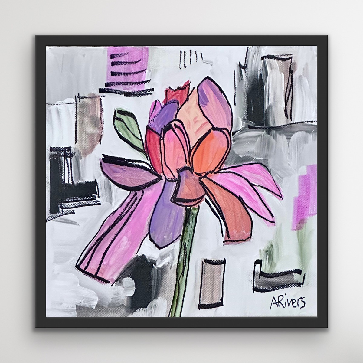 ARivers Abstract Modern Art Pink Floral Painting 10x10 Signed Canvas Original