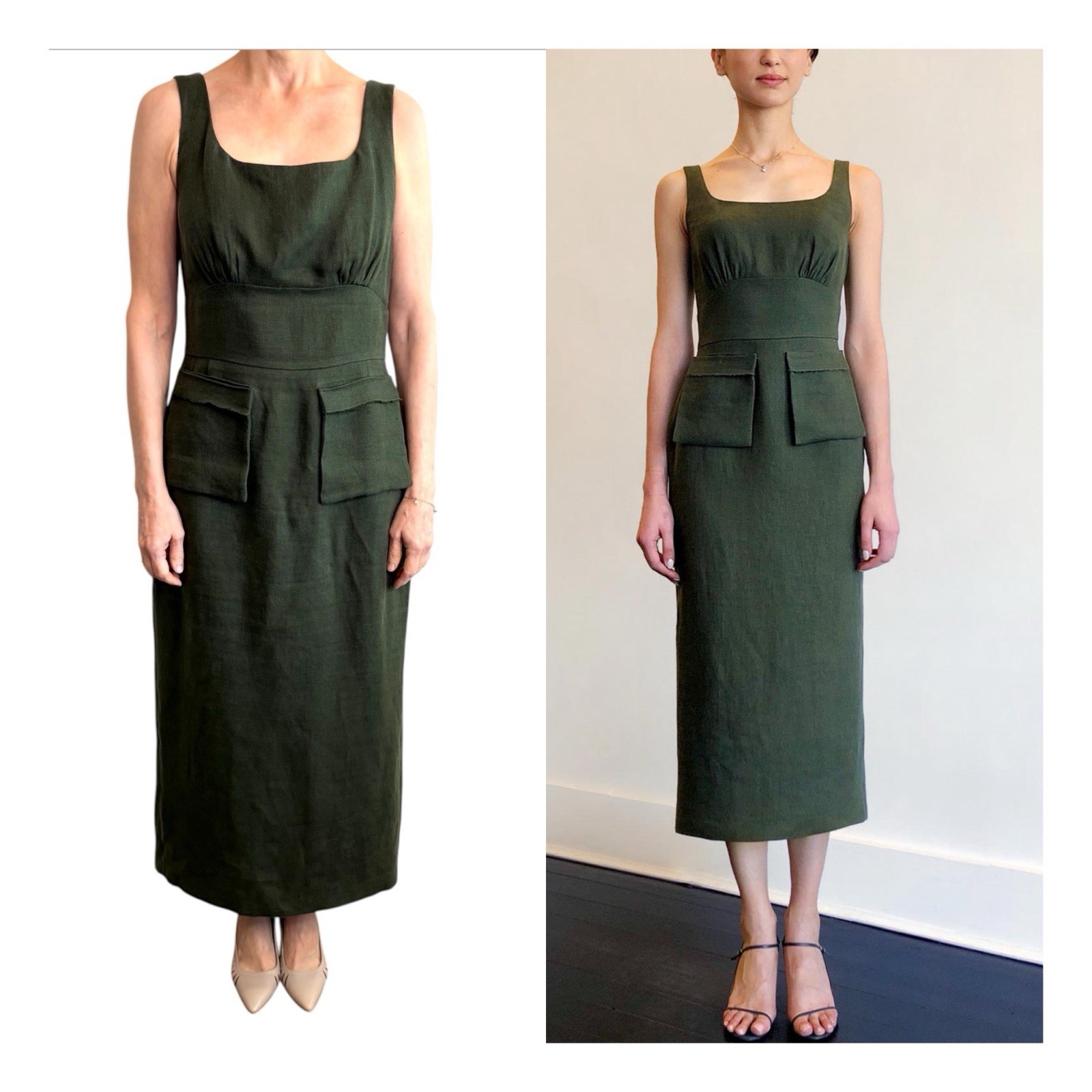 Carl Kapp Size M 12 Aus 8 US Olive Green Khaki Linen Boulder Maxi Dress Designer