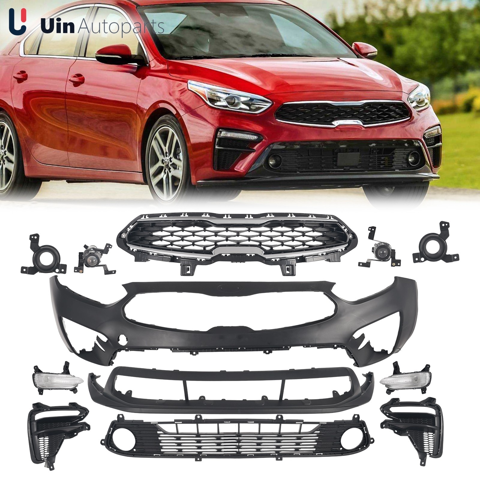Complete Front Bumper Cover Grille w/ Fog Lights For 2019 2020 2021 Kia Forte Complete Front Bumper Cover Grille w/ Fog Lights For 2019 2020 2021 Kia Forte