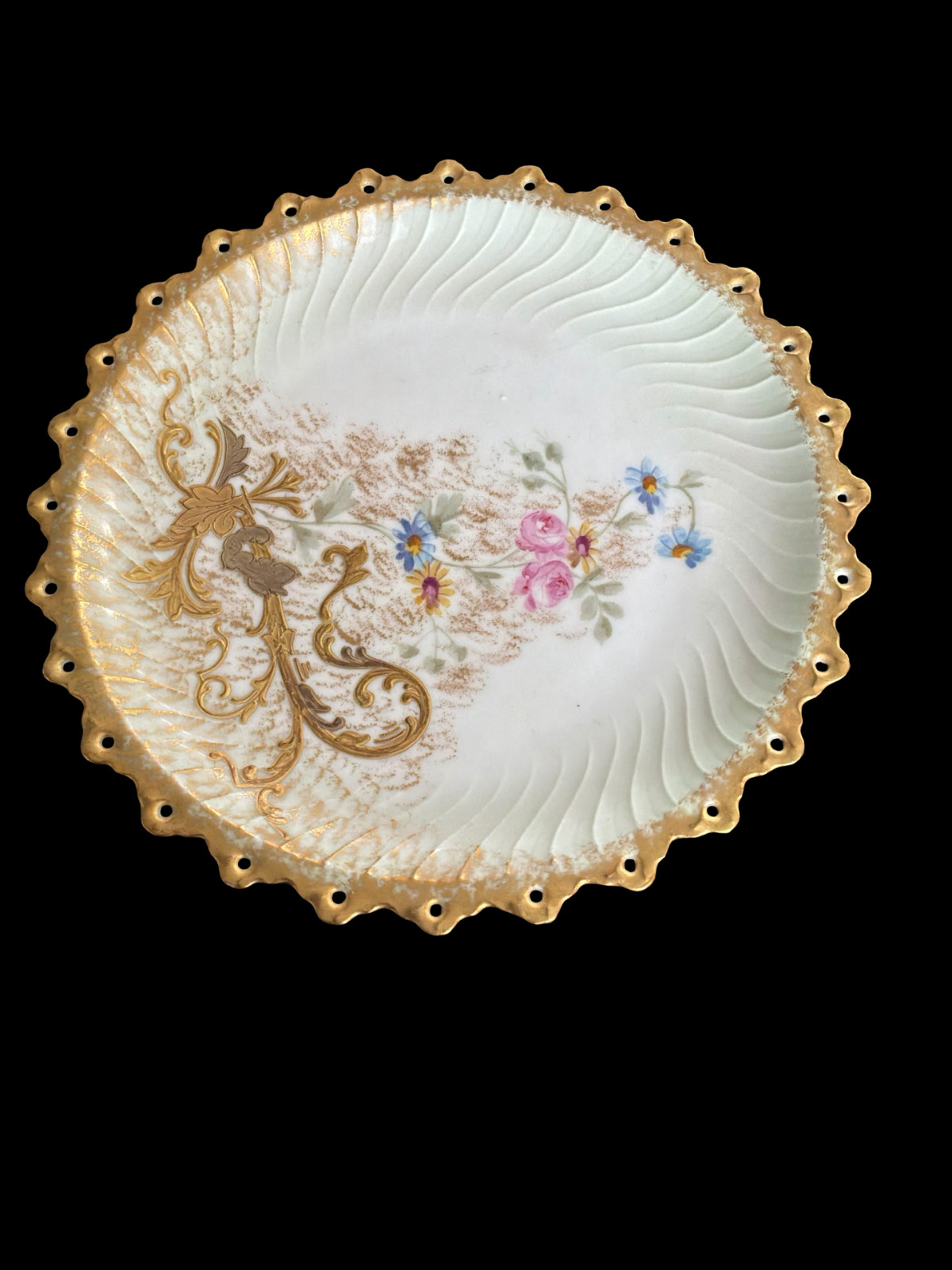 LIMOGES FRANCE Elite / Ahrenfeldt Plate —Pierced Rim, Swirled, Gilt & Hand-Paint