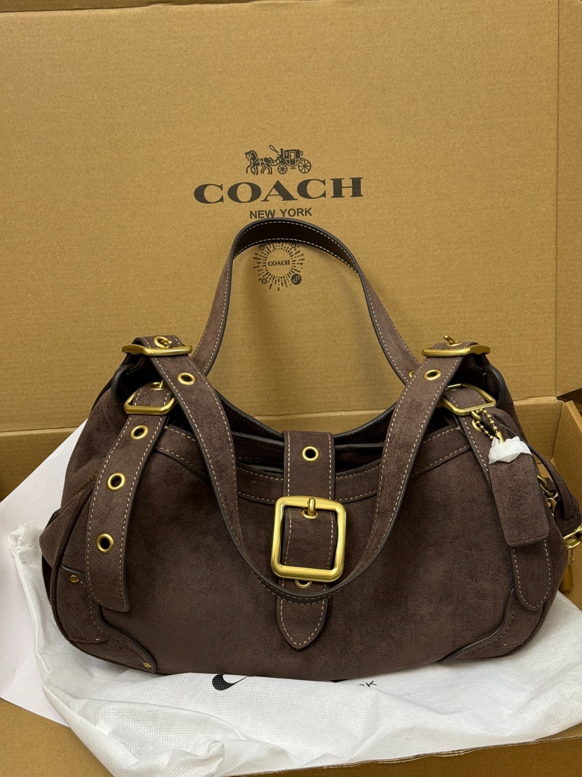 Coach Dark Brown Suede Shoulder Bag Vintage Buckle Hobo Handbag Coach Dark Brown Suede Shoulder Bag Vintage Buckle Hobo Handbag