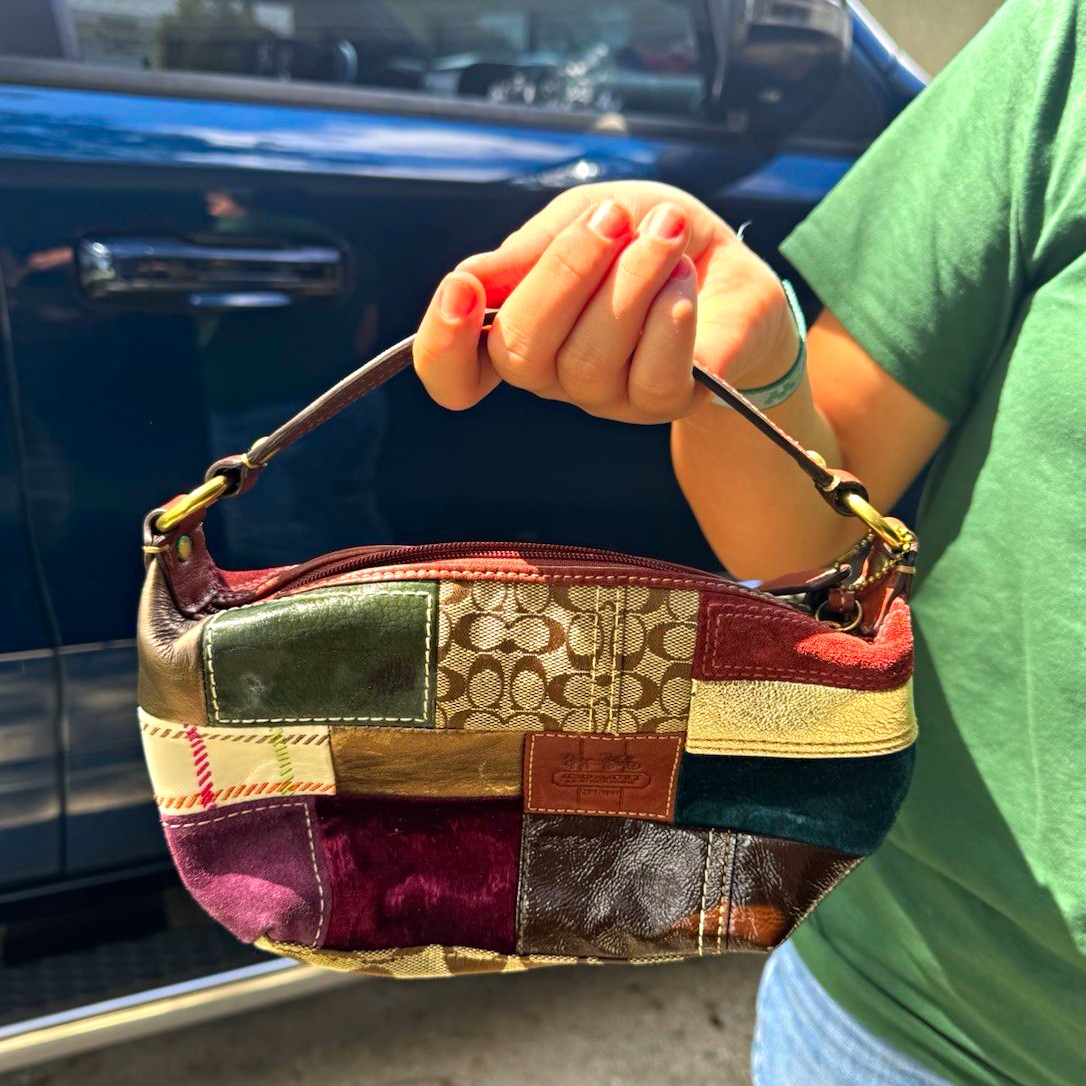 Coach Patchwork Multicolor Small Crescent Shoulder Bag Zip Top Brown Strap Coach Patchwork Multicolor Small Crescent Shoulder Bag Zip Top Brown Strap