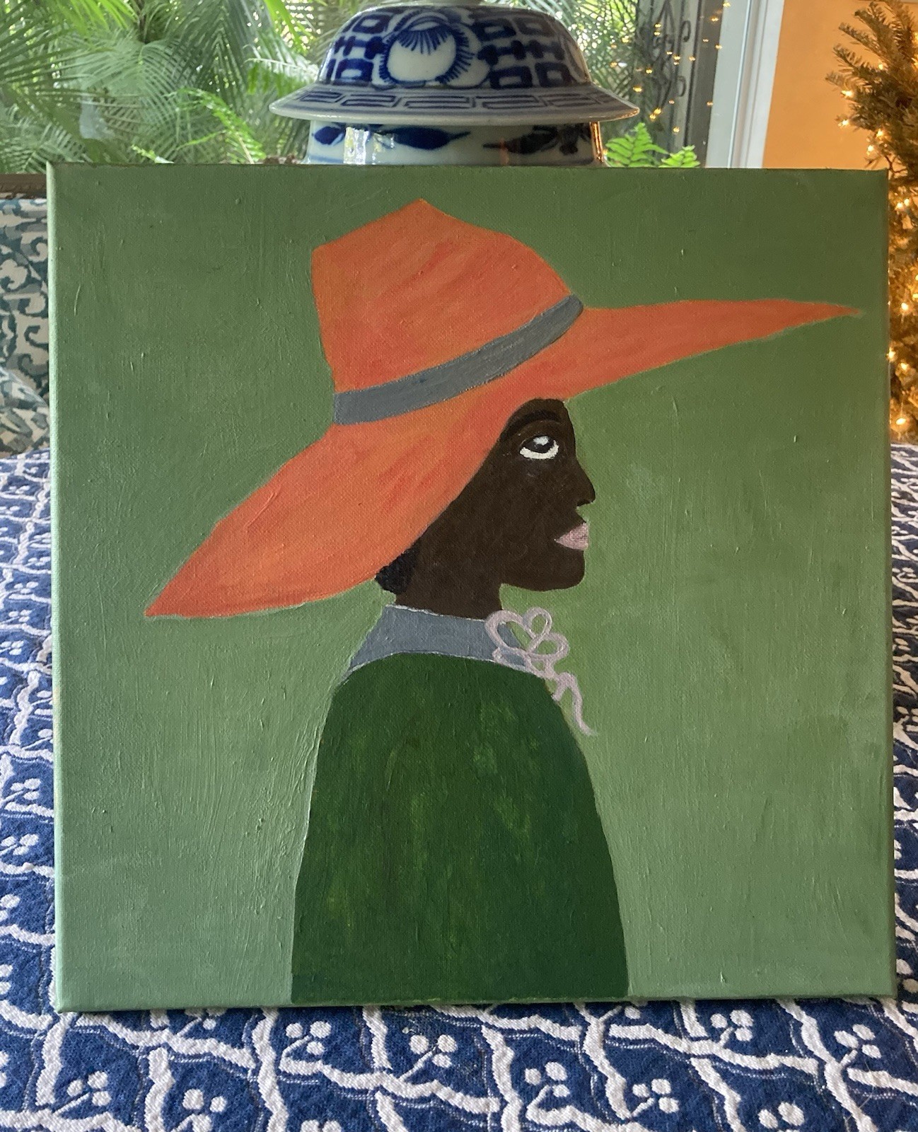 Original Folk Art Style Painting of ‘Girl in Tangerine Hat’ Original Folk Art Style Painting of ‘Girl in Tangerine Hat’