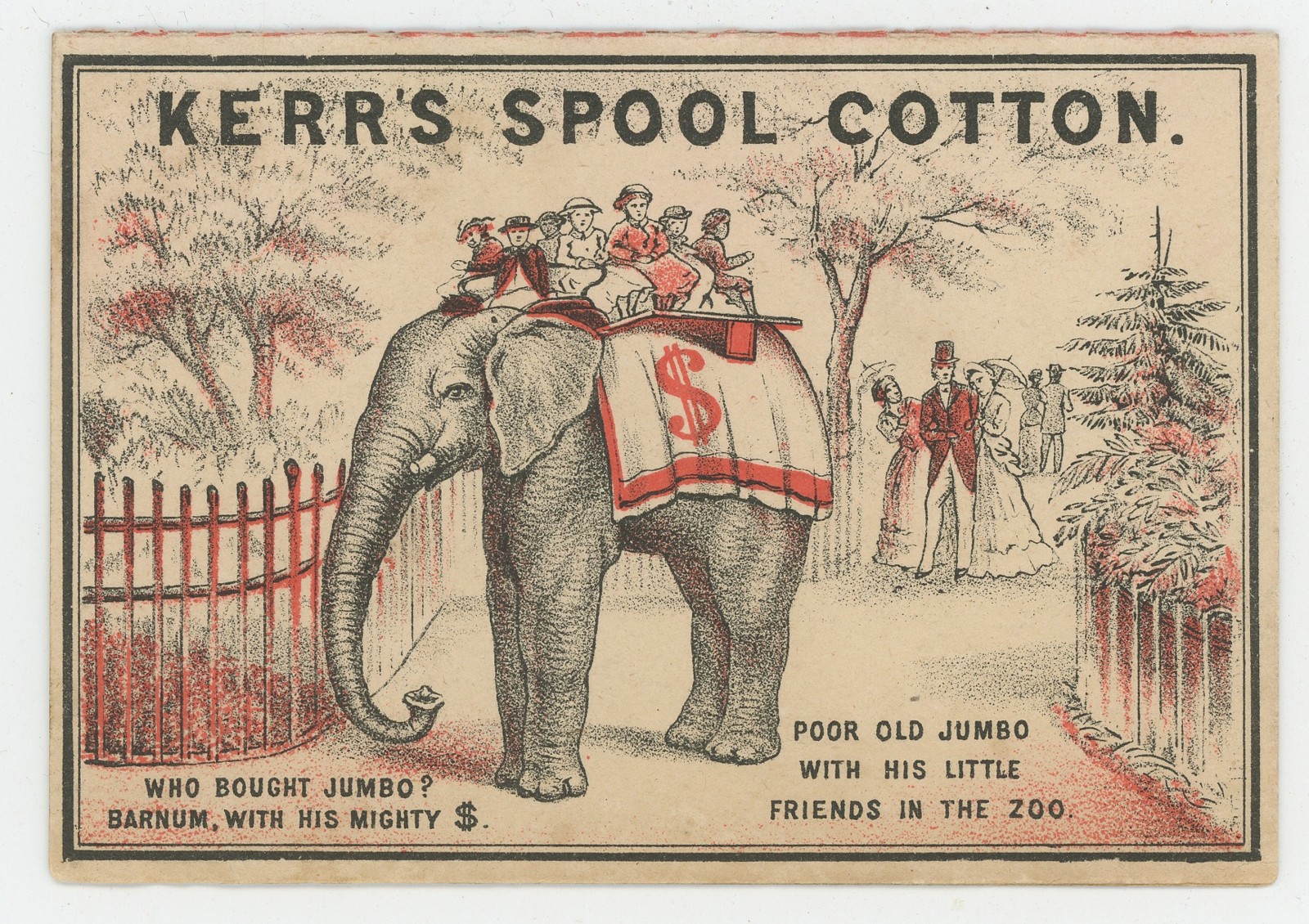 Bi-Fold Kerr's Spool Cotton Thread Jumbo Elephant PT Barnum 1880's Trade Card Bi-Fold Kerr's Spool Cotton Thread Jumbo Elephant PT Barnum 1880's Trade Card