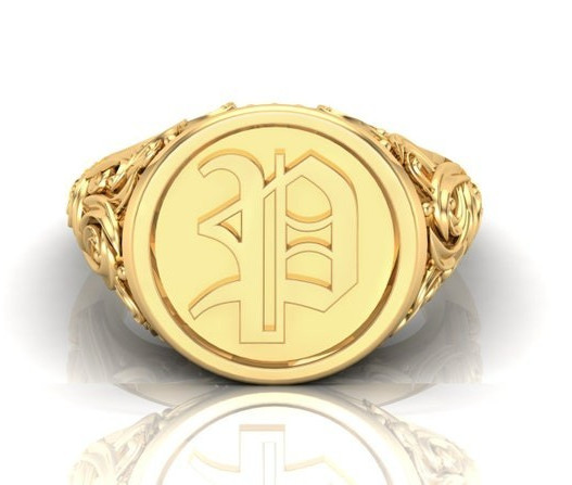 Gold Monogram Initial “P” Ring with Vintage Scroll Design – Personalized Signet