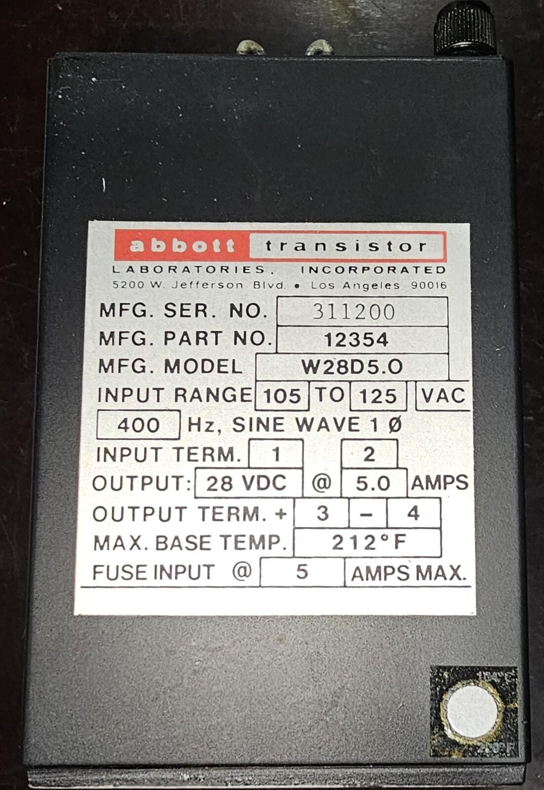 Abbott 12354 Transistor Model W28D5.0 Input:125VAC 400Hz. Output: 28VDC@5.0A NEW