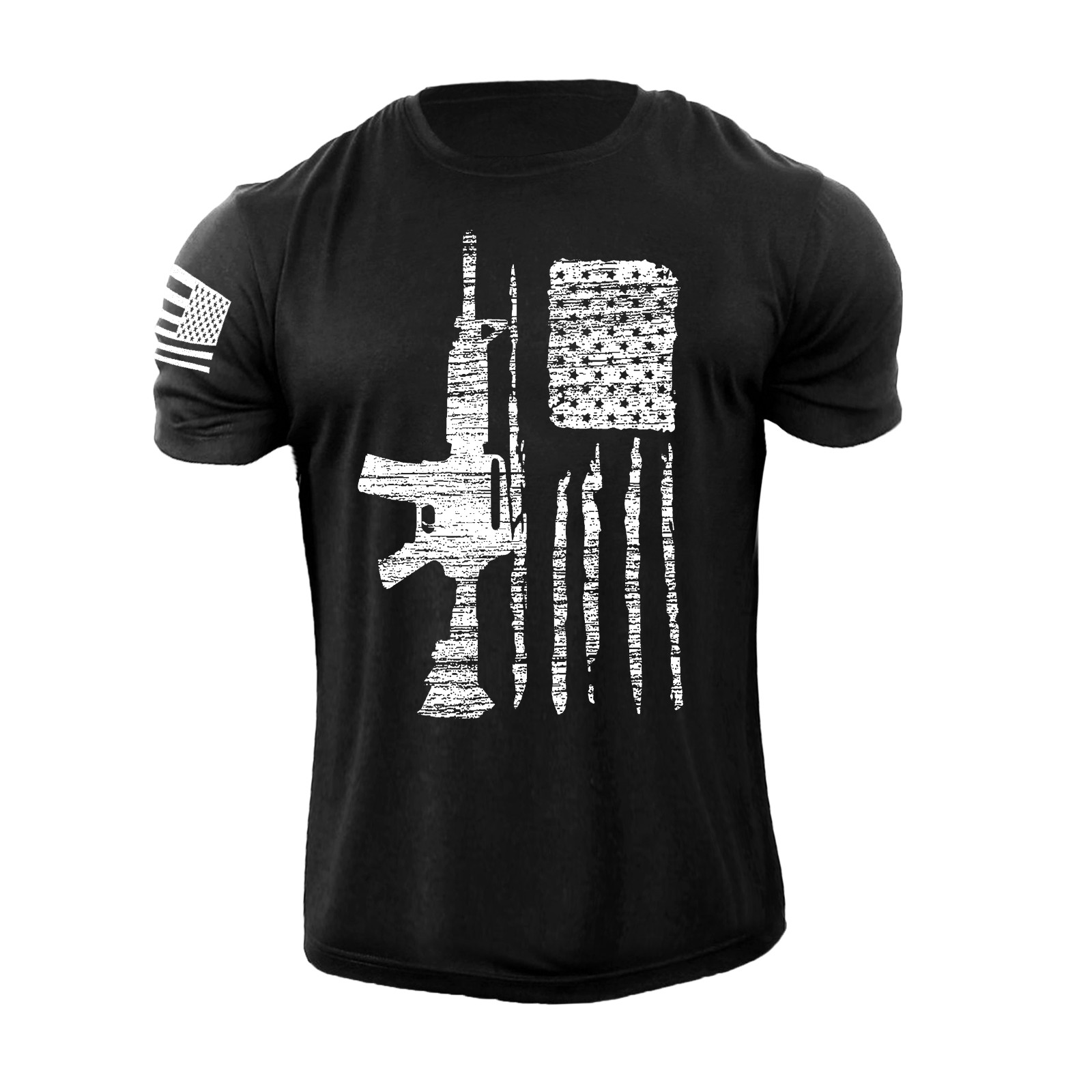 Men's USA GUN Flag T Shirt American Patriotic 100% Cotton Distressed Tee