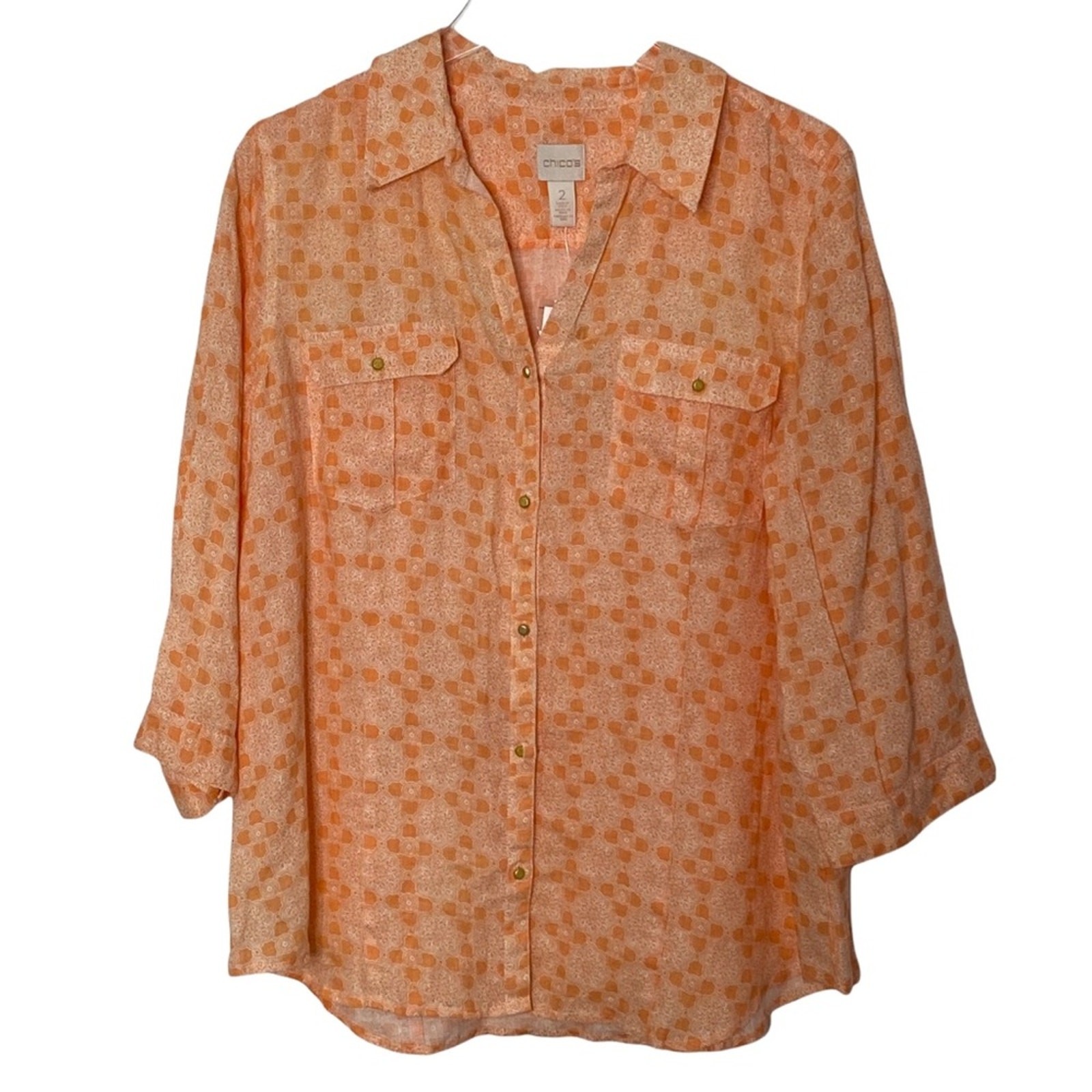 Chico’s Woodblock Print Blouse in Cantaloupe Size 2 Chico’s Woodblock Print Blouse in Cantaloupe Size 2