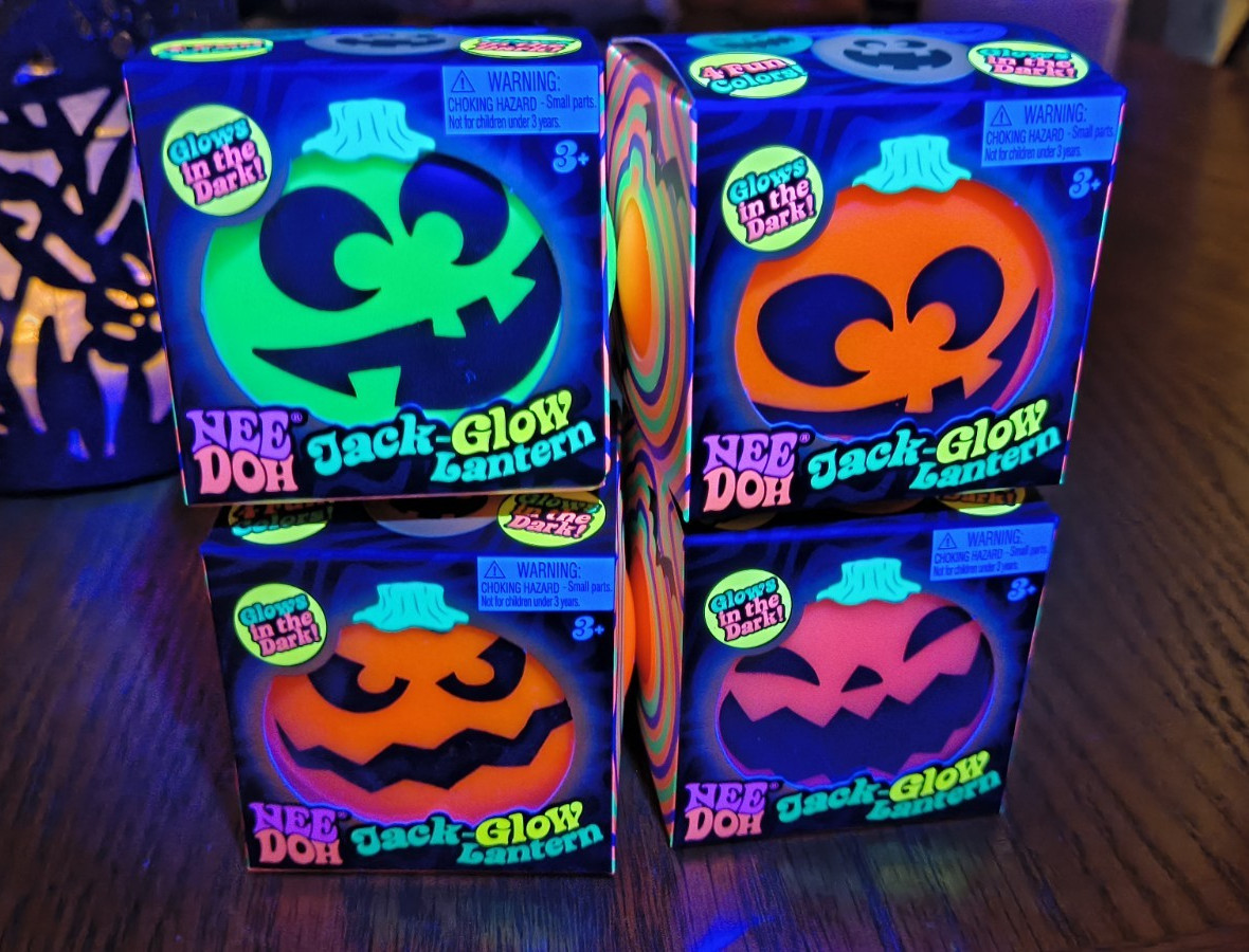 Nee Doh Jack-O-Glow Lanterns Glow-in-the-Dark Pumpkin Toy 4-Pack Ages 3+ (2024) Nee Doh Jack-O-Glow Lanterns Glow-in-the-Dark Pumpkin Toy 4-Pack Ages 3+ (2024)