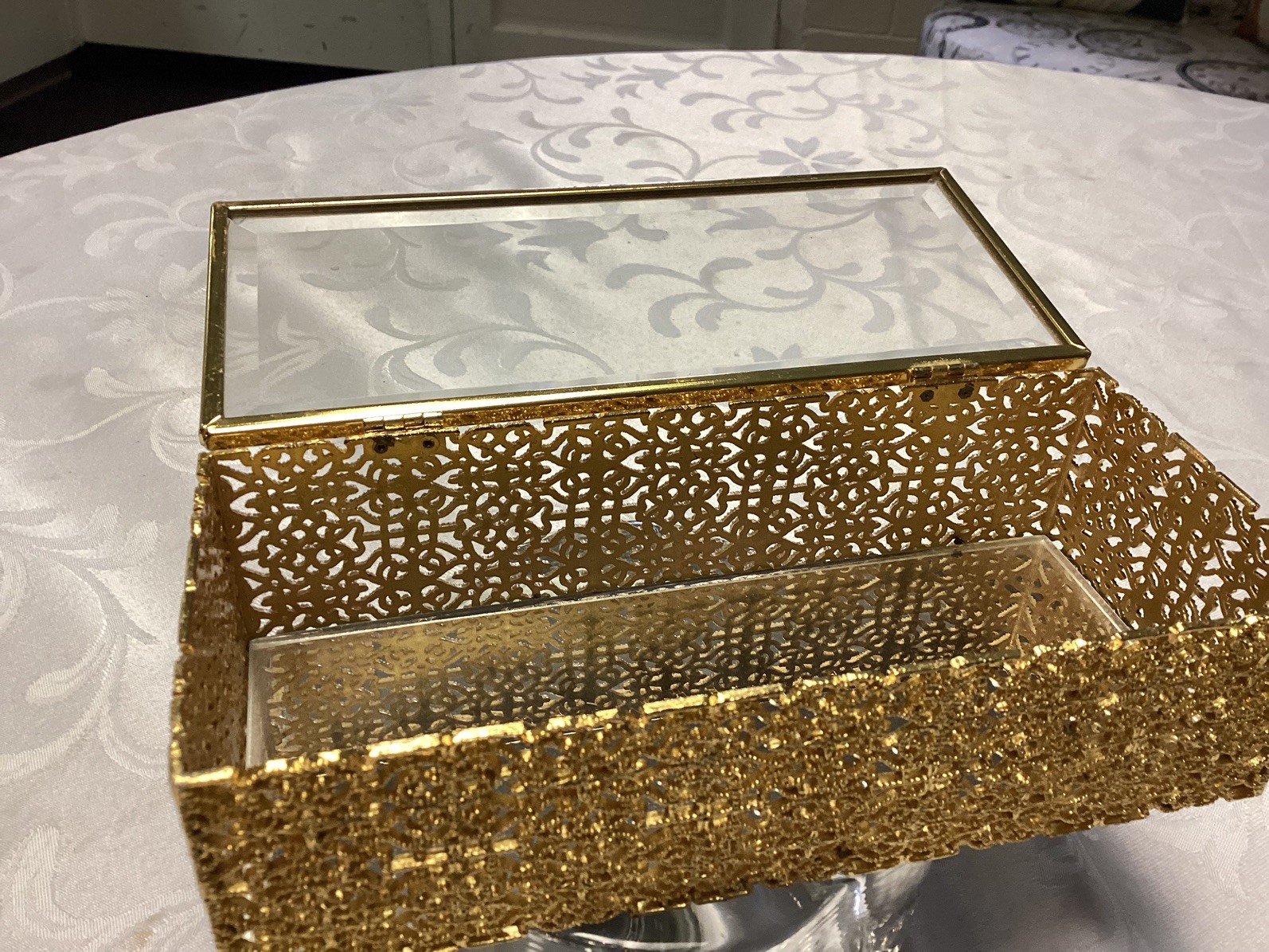 Vtg Antique French Style Filigree Beveled Glass Jewelry Casket Ring Trinket Box Vtg Antique French Style Filigree Beveled Glass Jewelry Casket Ring Trinket Box