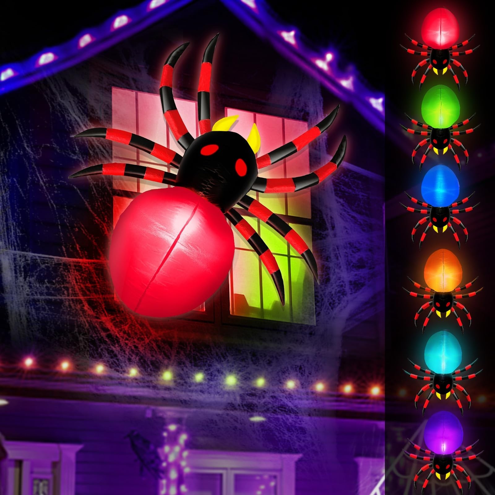 3.5FT Halloween Inflatable Spider with 6 Color Changing Lights - Spooky Window D