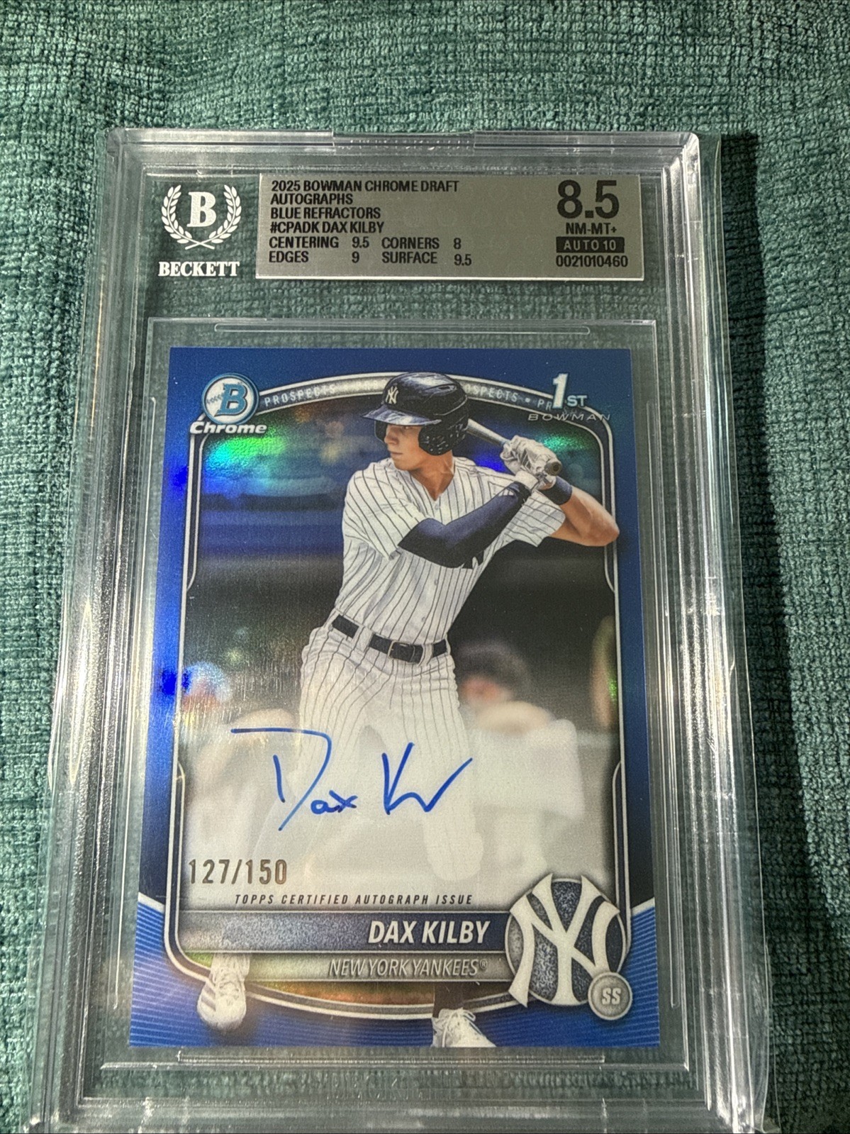 2025 Bowman Draft Dax Kilby 1st Edition Blue Bowman On-Card Auto /150 BGS 8.5/10 2025 Bowman Draft Dax Kilby 1st Edition Blue Bowman On-Card Auto /150 BGS 8.5/10