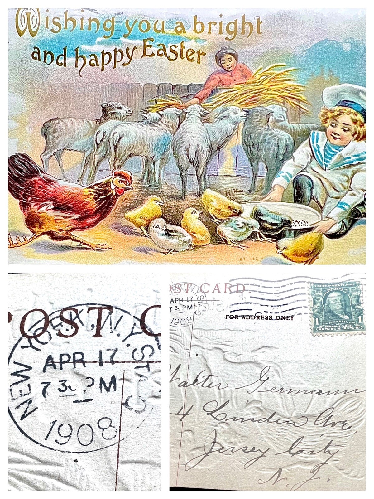 Antique Easter Embossed Postcard 1908 Boy Farm Chicks Green Franklin 1Cent Stamp