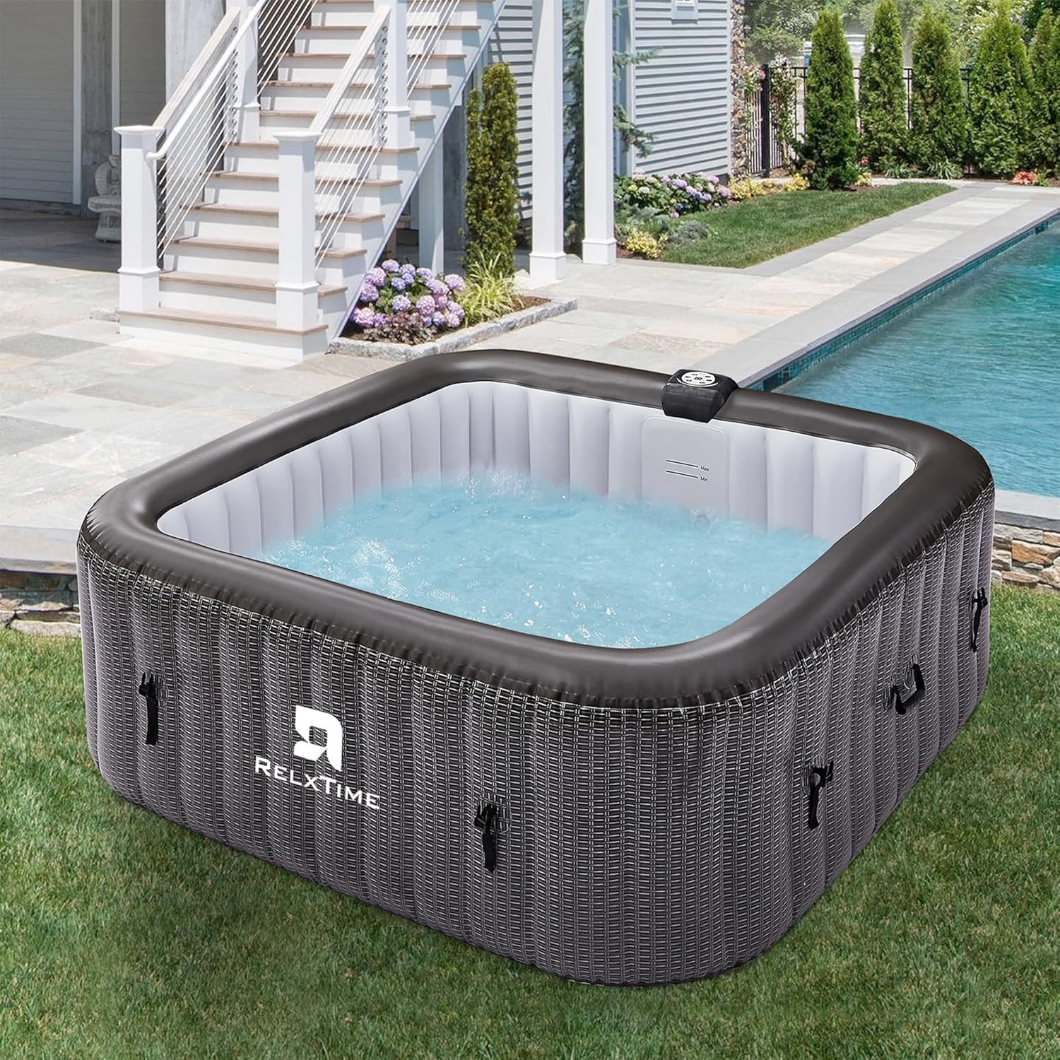 RELXTIME 73x73 Inch Portable Inflatable Hot Tub for 4-6 Person Square Spa,Black