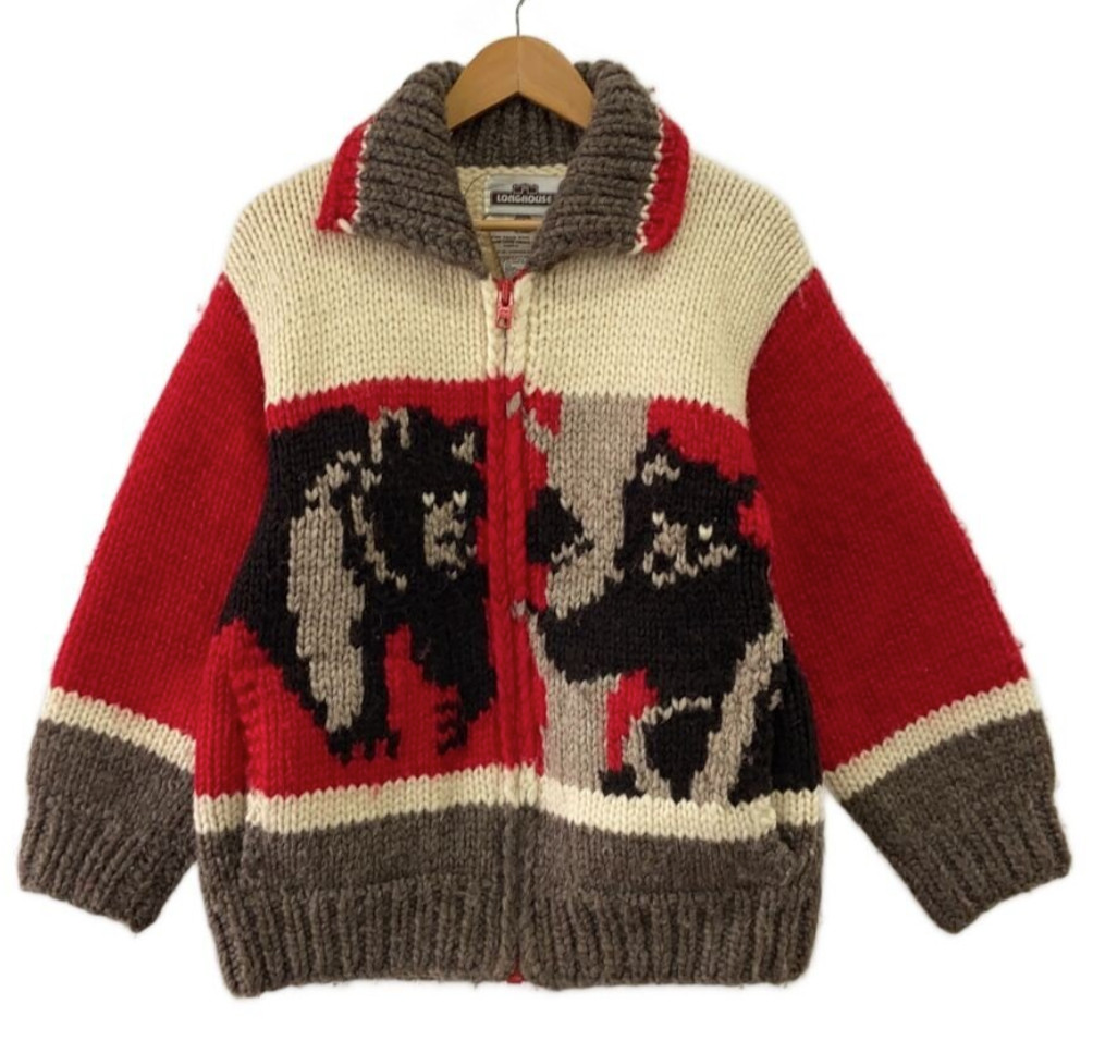 LONGHOUSE Vintage Bear Cowichan Jacket Grizzly Full Zip Wool Red White Grey S