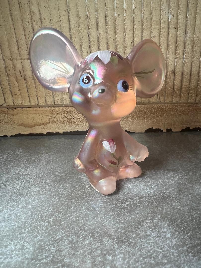 Vintage Fenton Pink Opalescent Mouse with Hand Painted Flowers - Signed w/ Tag Vintage Fenton Pink Opalescent Mouse with Hand Painted Flowers - Signed w/ Tag