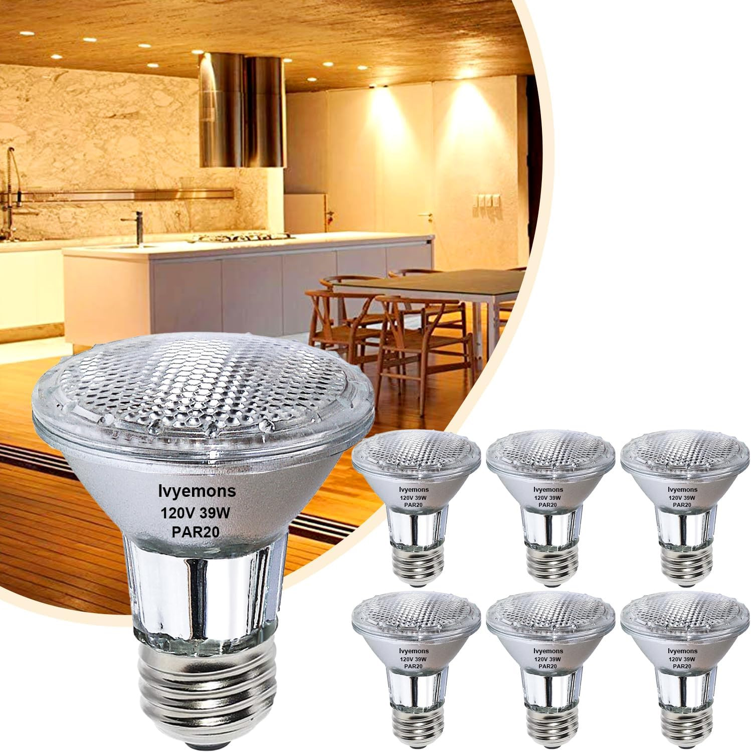 PAR20 Flood 39W 120V 480 Lumens- 6 Pack PAR20 Flood Light Bulbs with E26 Base, P
