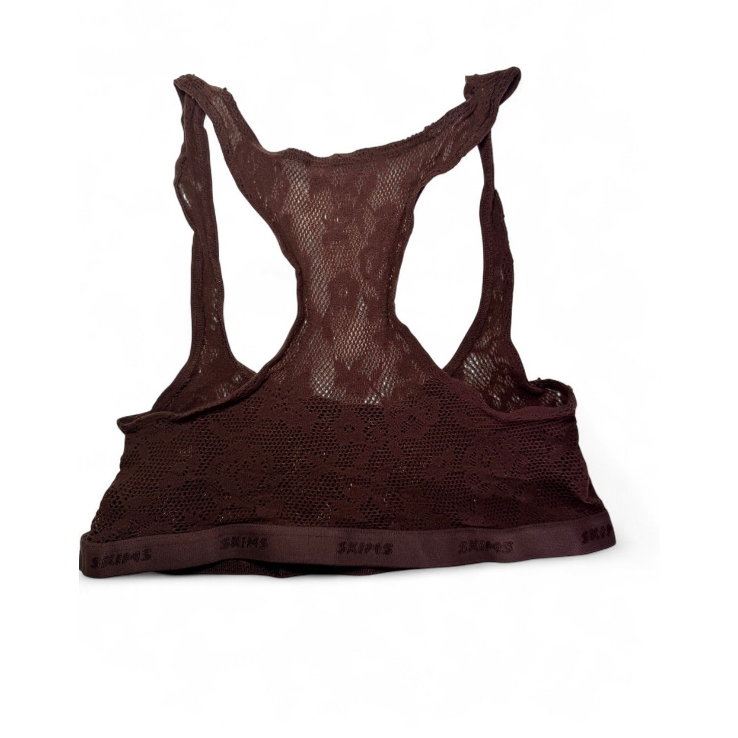 SKIMS Espresso Brown Lace Racerback Bralette Crop Top Logo Band Women\'s Size S