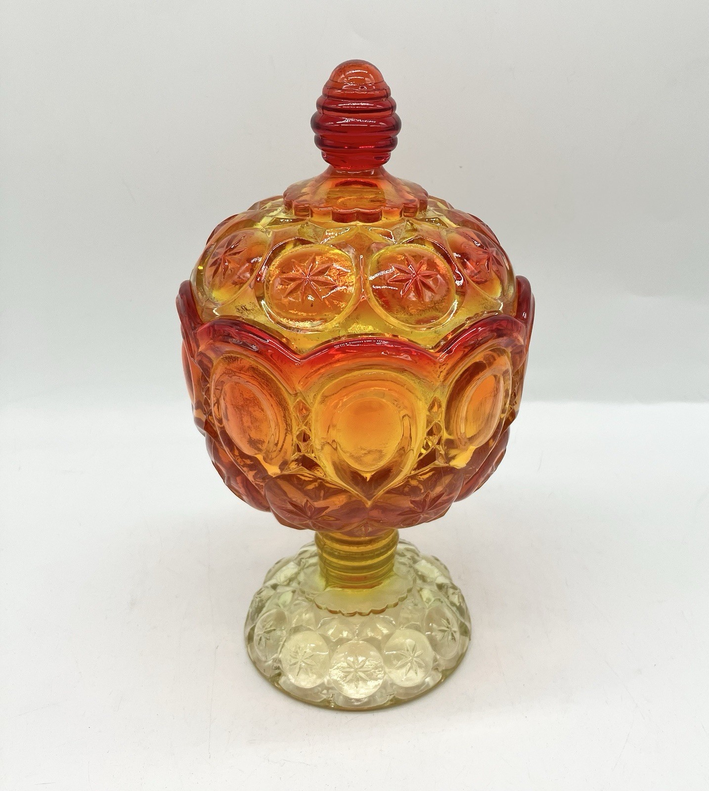 Vintage Kanawha Moon & Stars Amberina Covered Candy Pedestal Dish Glow 🔥🔥🔥 Vintage Kanawha Moon & Stars Amberina Covered Candy Pedestal Dish Glow 🔥🔥🔥