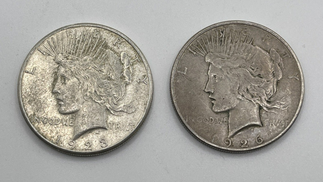 Lot of 2 Peace Silver Dollars 90% silver 1923-S, 1926-S