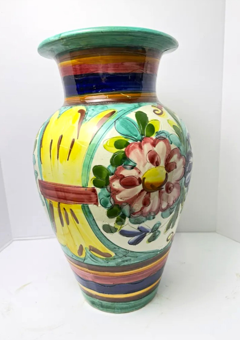 VTG Mid Century Italian Majolica Sgraffito Floor Vase 18 Urn Italy Hand Painted