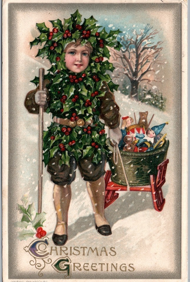 RARE~Winsch Christmas Boy in Holly Suit ~Sled~Toys~Antique Fantasy Postcard~m611 RARE~Winsch Christmas Boy in Holly Suit ~Sled~Toys~Antique Fantasy Postcard~m611