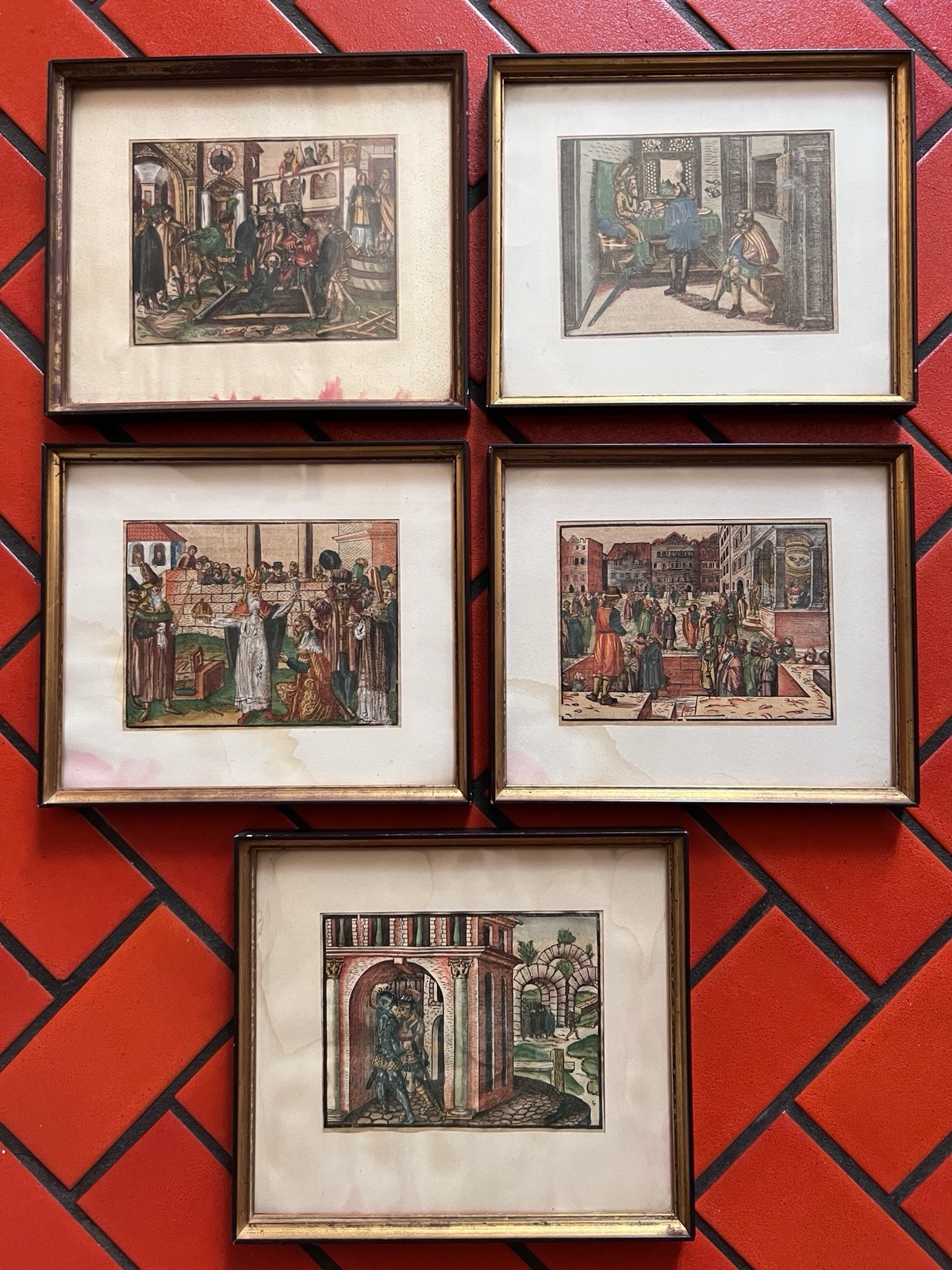 Set Of 5 16th C German Renaissance Woodcut Prints Hand Color Framed Austrian BDA