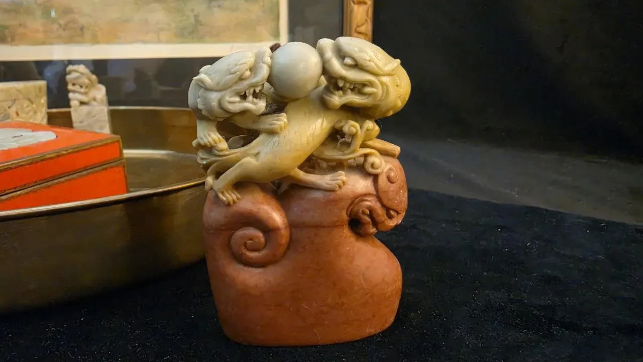 Antique Fu Lions with a Pearl of Wisdom Riding a Sea Dragon Hand Craved Soapston