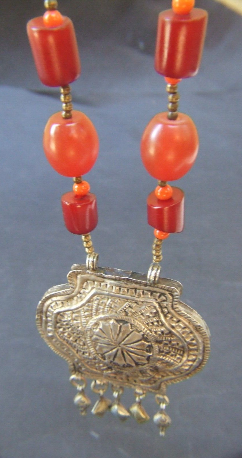 ANTIQUE OTTOMAN EMPIRE SILVER SOLID AMULET NECKLACE WITH AMBER BEADS RARE FIND