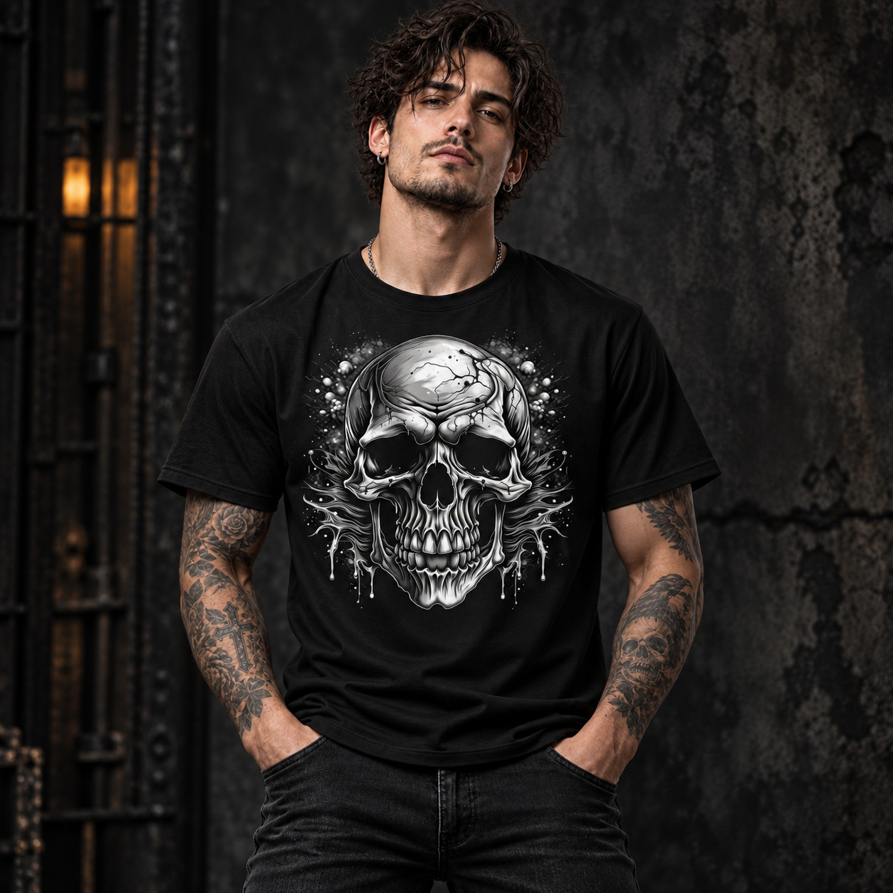 5 Pack Men\'s Gothic Graphic T-Shirts Black Gildan 5000 Skull Raven Bundle