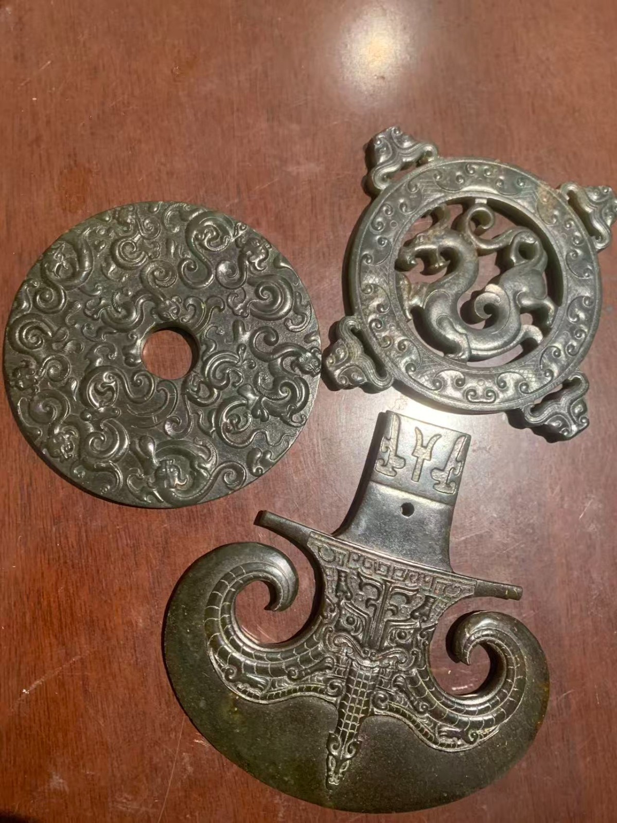 3Pcs Chinese Green HeTian Jade Hand Carved 2Faces Dragon Bi Disc & Axe Ornaments