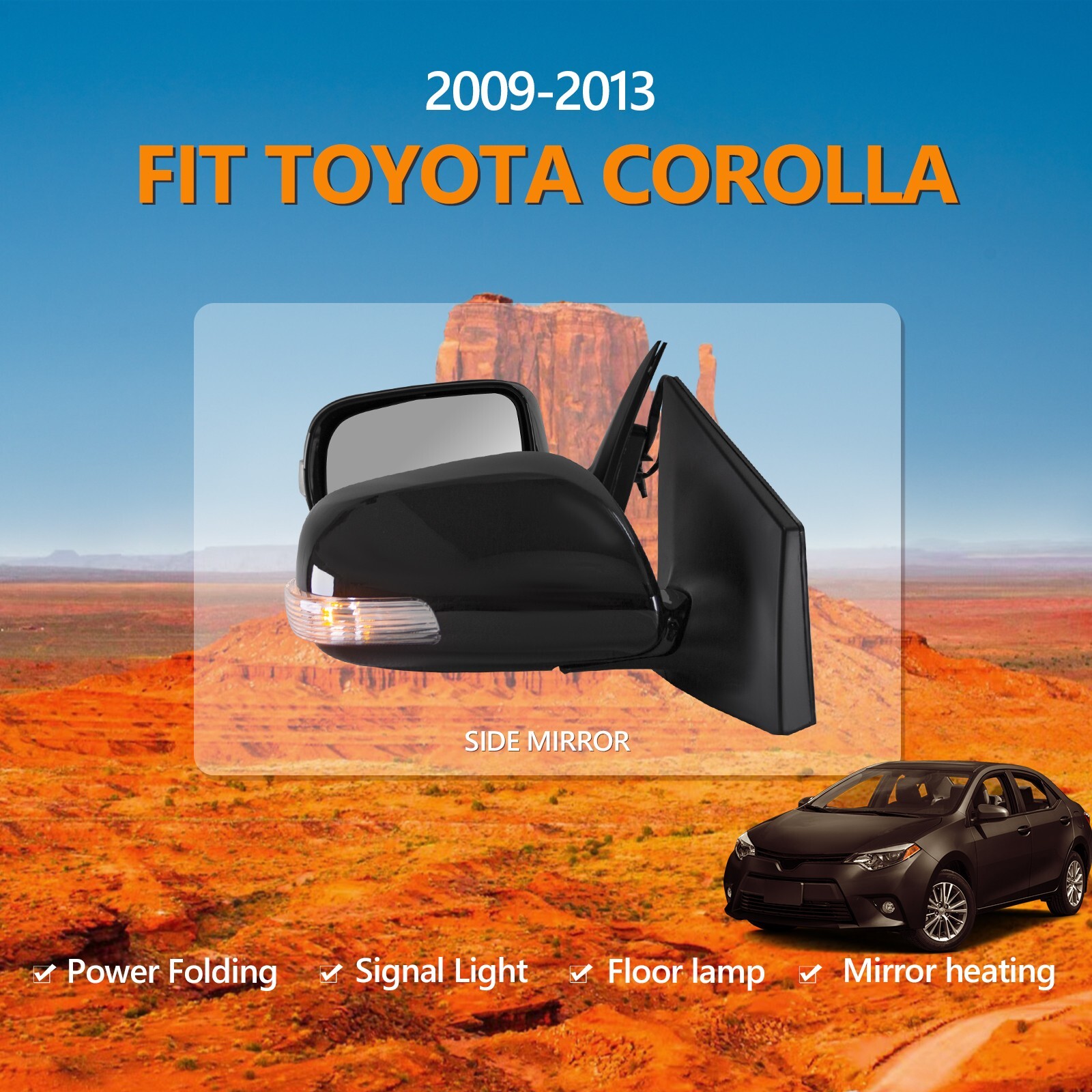 For 09-13 Toyota Corolla Original Side Mirrors Folding Pair Black Heated 9 Pins