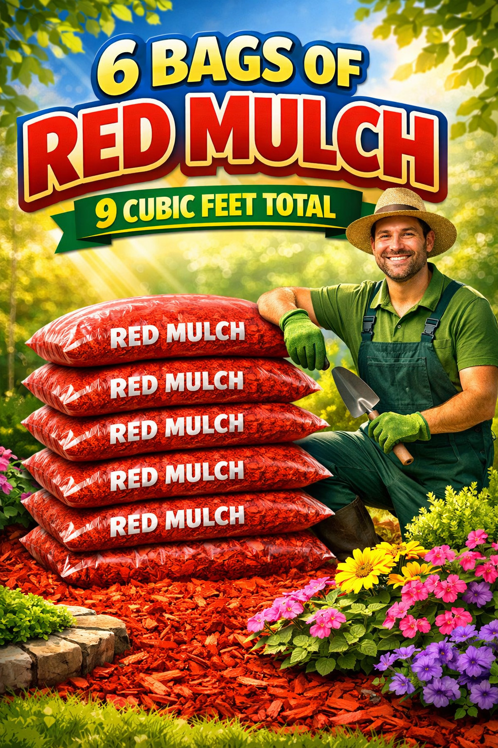 Lot of 6 Bags of RED Premium Wood Shredded Bagged Mulch 9 cu. ft. Total Lot of 6 Bags of RED Premium Wood Shredded Bagged Mulch 9 cu. ft. Total