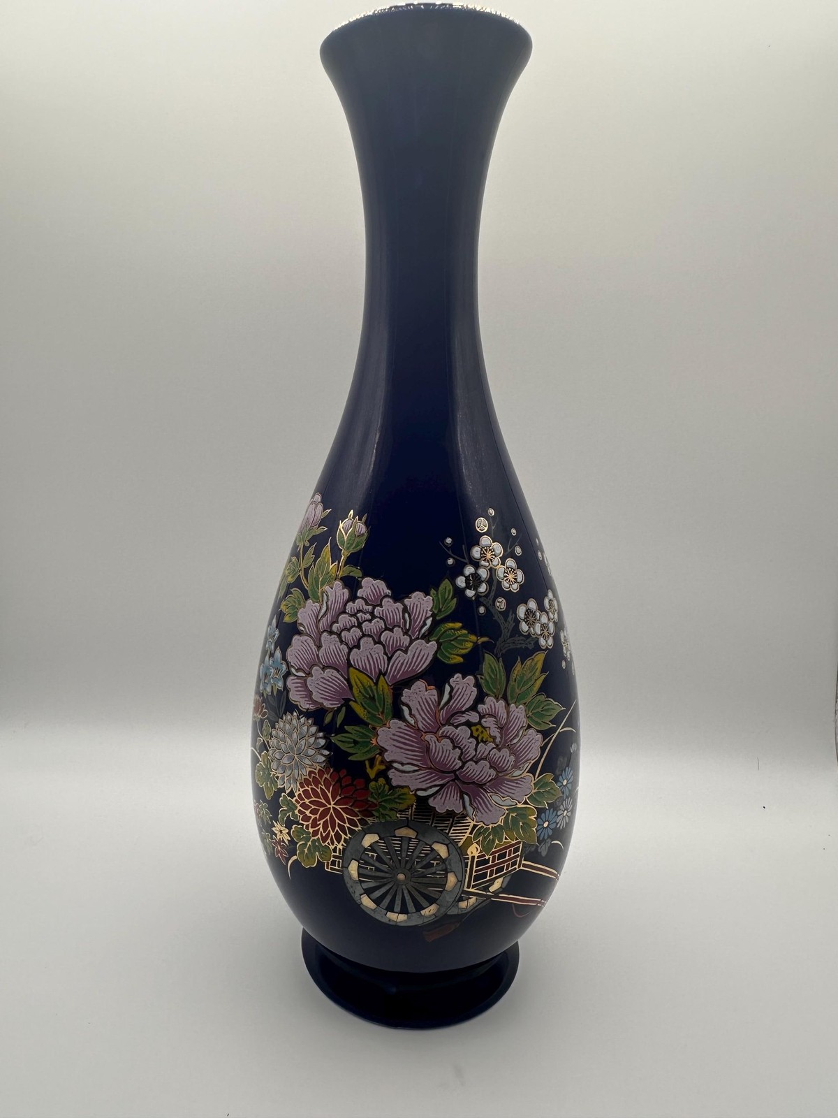 Vintage Himark Cobalt Blue Vase Japanese Floral Gold Trim Made in Japan, 10.5 in