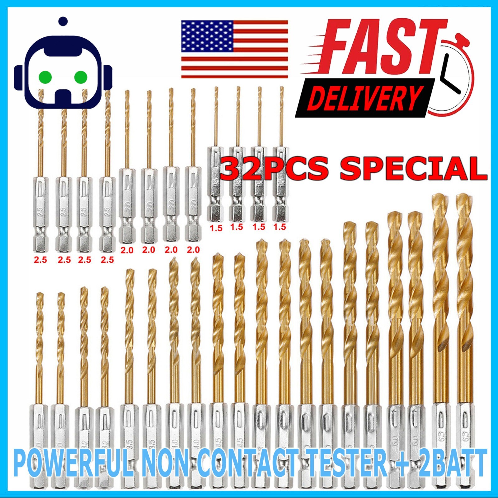 32pcs 1/4'' Hex Shank Titanium Coated HSS Steel DRILL BIT Set Metal Wood Plastic