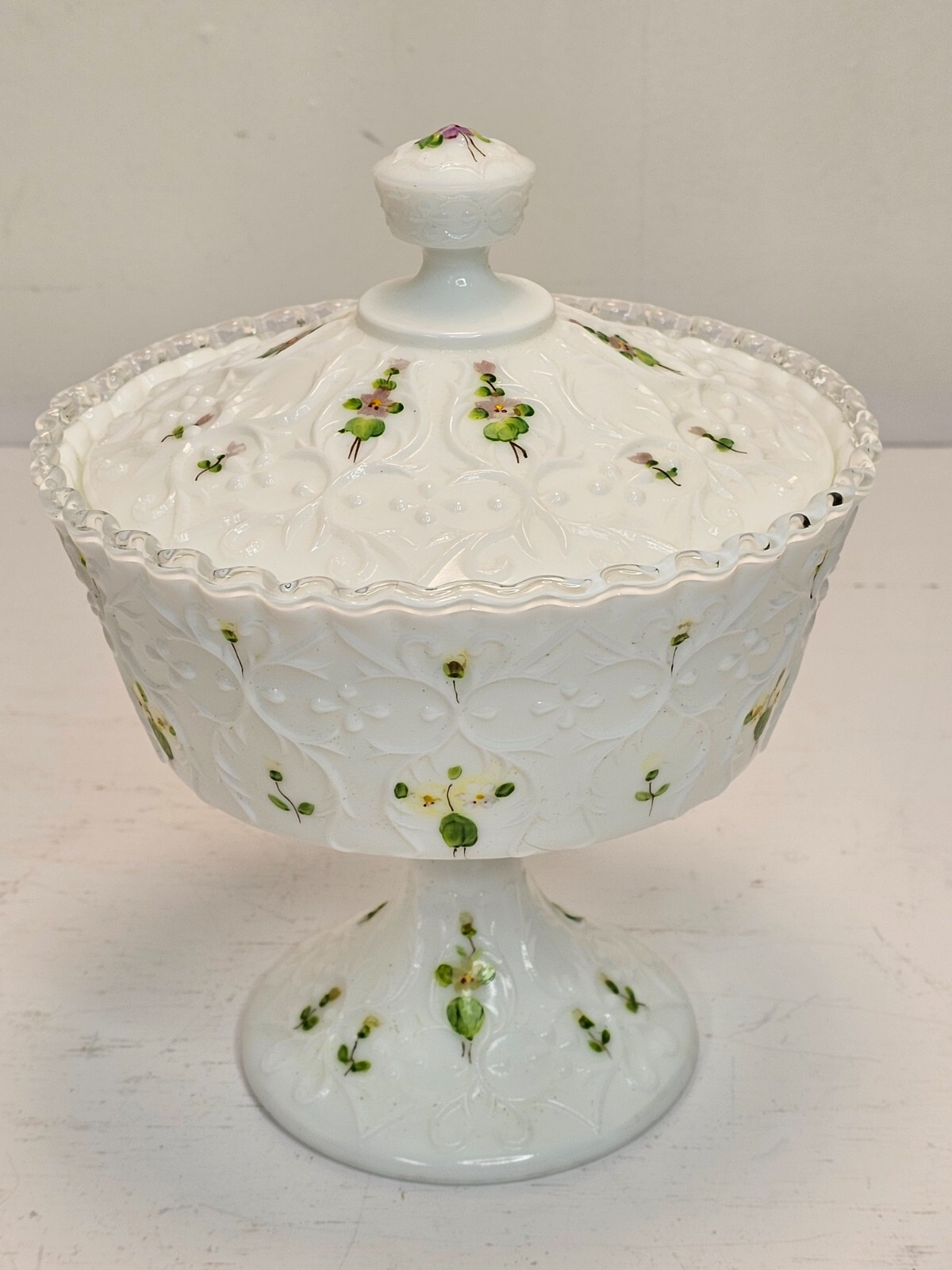 Fenton Spanish Lace Silver Crest Hand Painted Milk Glass Lidded Compote Signed Fenton Spanish Lace Silver Crest Hand Painted Milk Glass Lidded Compote Signed
